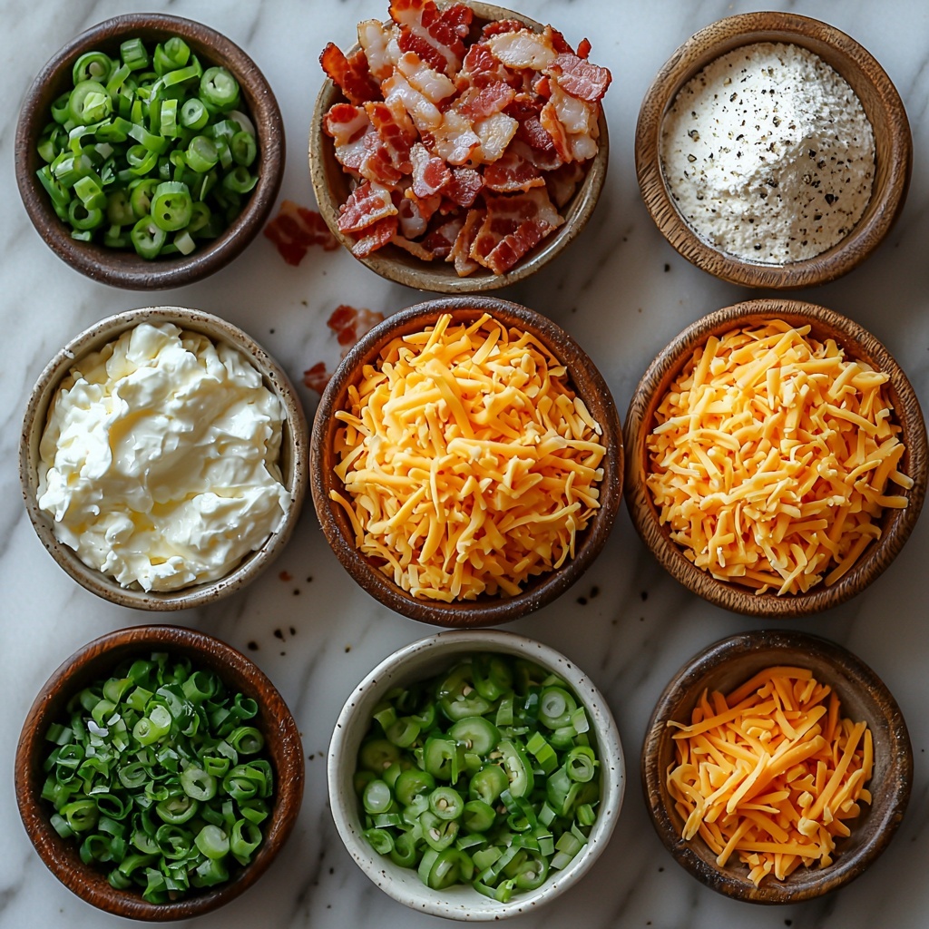 Spicy Bacon Jalapeño Popper Cheese Balls ingredients arranged neatly on a clean white marble surface: a small bowl of softened cream cheese with a smooth, creamy texture; a wooden bowl filled with bright orange shredded sharp cheddar cheese; two fresh green jalapeños, finely diced with vibrant seeds visible; four crispy, crumbled bacon slices scattered beside a small white ramekin of chopped green onions, their bright green stalks adding freshness; tiny bowls containing pale beige all-purpose flour, beaten golden yellow eggs with a glossy sheen, and coarse, light tan panko breadcrumbs; a small white dish sprinkled with garlic powder, salt, and black pepper reflecting fine powders and grains; the arrangement balanced with contrasting textures and colors, styled with natural soft lighting casting gentle shadows, minimal props for a clean, modern look, slight rustic touch with wooden bowls and parchment paper pieces strategically placed around to hint at prep process, overhead shot, top down view, flat lay photography, professional food styling --ar 1:1 --q 2 --s 750 --v 6.1