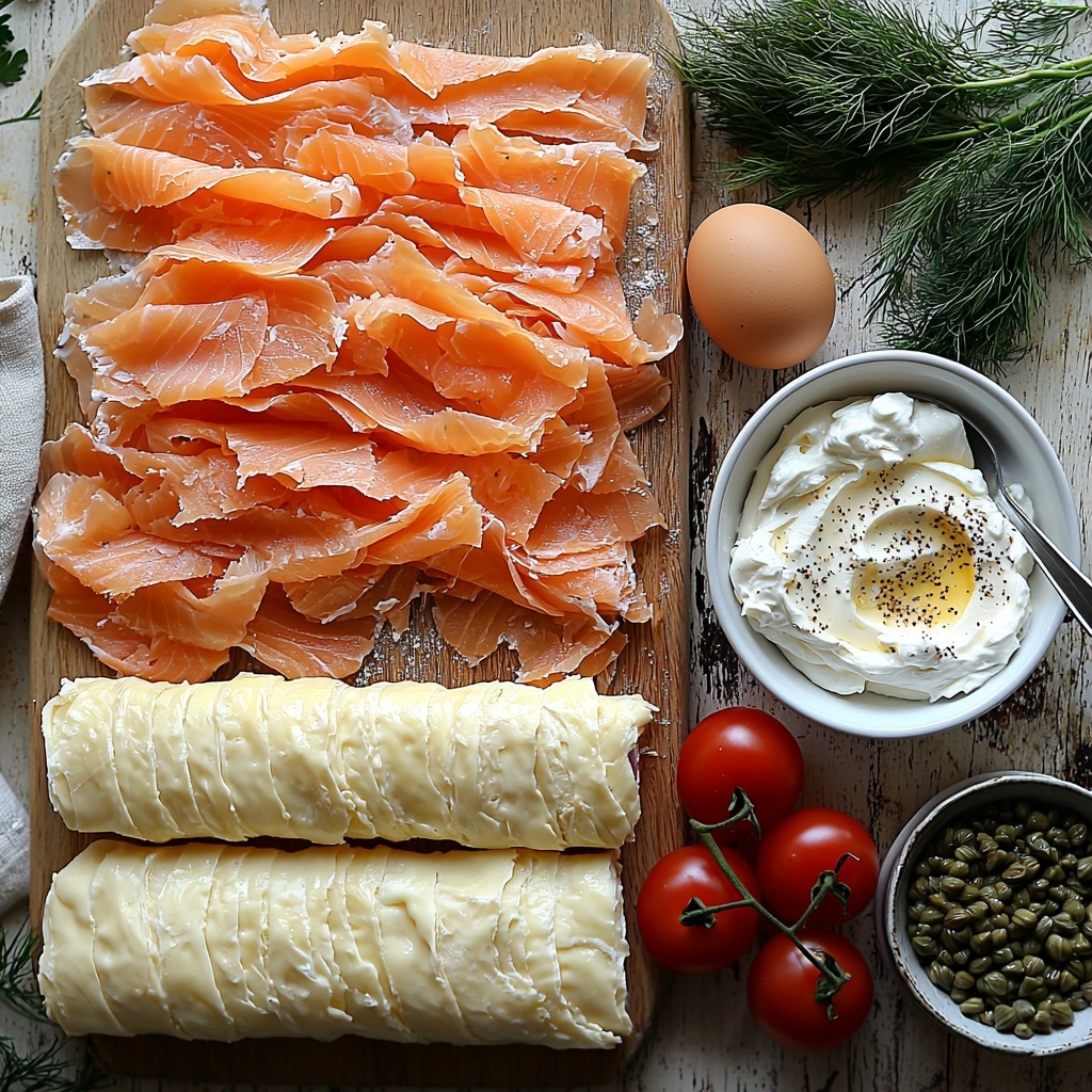 puff pastry sheet folded and slightly cracked with a wooden rolling pin nearby, one large brown egg cracked open with a small glass bowl of egg wash (egg mixed with water) beside it, small ceramic bowl with everything but the bagel seasoning sprinkled artfully, whipped cream cheese spread in a rustic white bowl with a silver butter knife, thin slices of vibrant orange-pink smoked salmon layered delicately on a small white plate, halved bright red baby tomatoes scattered with glossy skins, fresh green torn dill sprigs loosely arranged in small piles, shiny green capers in a tiny glass bowl with a few spilled artistically, thin translucent slices of red onion fanned out on a small wooden board, all ingredients placed on a clean light wood or marble surface with natural soft daylight casting gentle shadows, minimalistic and airy styling with a warm, inviting color palette, subtle props like a linen napkin and a sprig of dill for freshness, overhead shot, top down view, flat lay photography, professional food styling --ar 1:1 --q 2 --s 750 --v 6.1