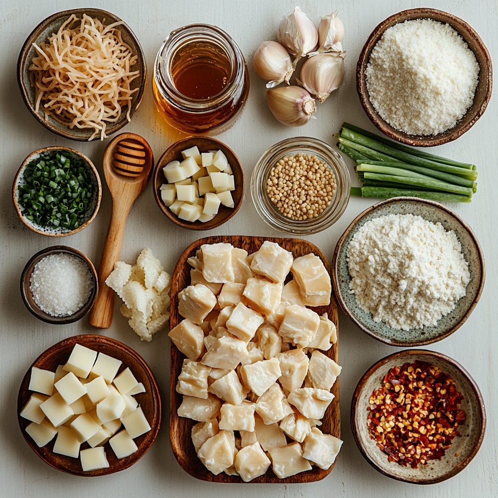 A flat lay of all main ingredients for Sticky Garlic Chicken Noodles arranged neatly on a clean white surface. Bite-sized raw chicken pieces in a small ceramic bowl, a small glass bowl with glossy dark soy sauce, a small jar of golden honey with a honey dipper resting beside it, finely minced garlic cloves scattered delicately on a wooden spoon, a small mound of freshly grated pale yellow ginger, a small bowl of bright red chili flakes, a neat pile of white cornstarch powder on a vintage ceramic plate, a small clear bowl filled with golden vegetable oil, a bundle of uncooked light beige rice noodles loosely coiled, bright green chopped scallions sprinkled artfully in a small dish, and a tiny white bowl containing ivory sesame seeds. The textures contrast from smooth honey and glossy soy sauce to fluffy cornstarch and fibrous ginger, with natural light casting soft shadows and enhancing the vibrant colors. Minimalist styling with natural props like wooden spoons and simple bowls, emphasizing freshness and clean presentation. overhead shot, top down view, flat lay photography, professional food styling --ar 1:1 --q 2 --s 750 --v 6.1