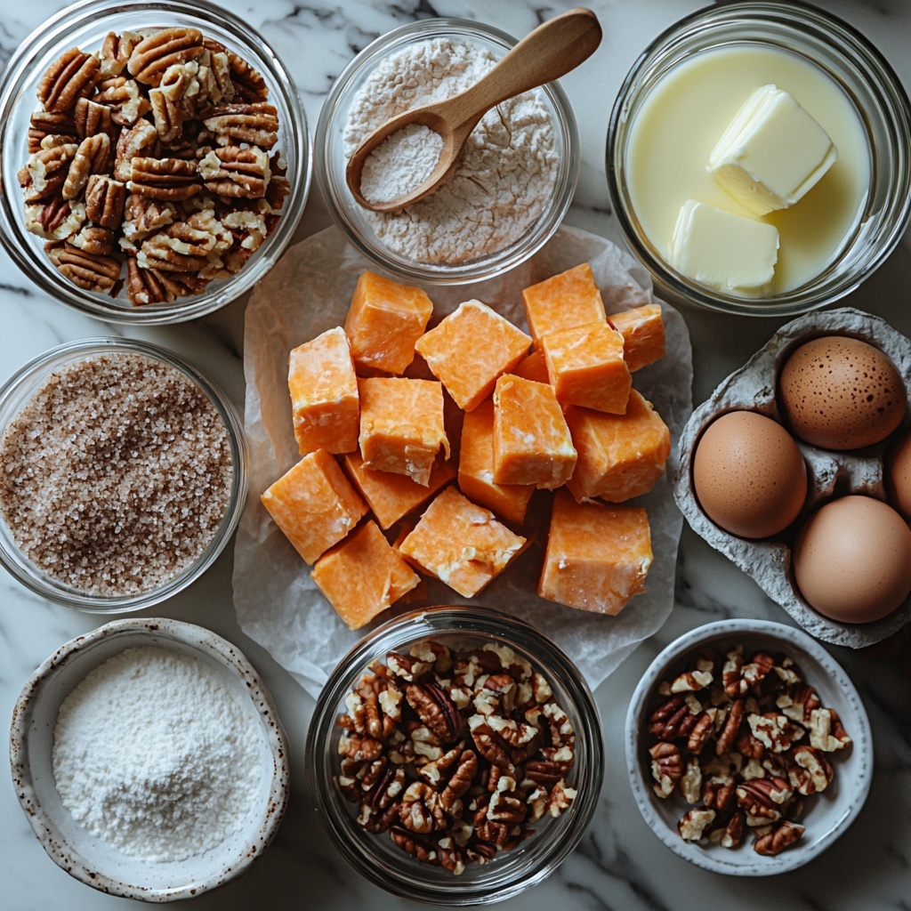 sweet potatoes peeled and diced into chunks, small bowl of brown sugar, cup of milk in a glass, softened unsalted butter on a wooden butter knife, two large eggs in a white ceramic bowl, small glass dish with vanilla extract, teaspoon with ground cinnamon, pinch of salt in a tiny white ramekin, cup of chopped pecans scattered on parchment paper, small bowls containing granulated sugar and all-purpose flour, all ingredients arranged neatly and spaced evenly on a clean white marble surface, warm natural light highlighting the rich orange of sweet potatoes and deep brown pecans, soft shadows adding depth, textures visible from smooth milk to rough chopped nuts, minimalistic styling with a rustic wooden spoon and linen napkin as accents, fresh and inviting look, overhead shot, top down view, flat lay photography, professional food styling --ar 1:1 --q 2 --s 750 --v 6.1