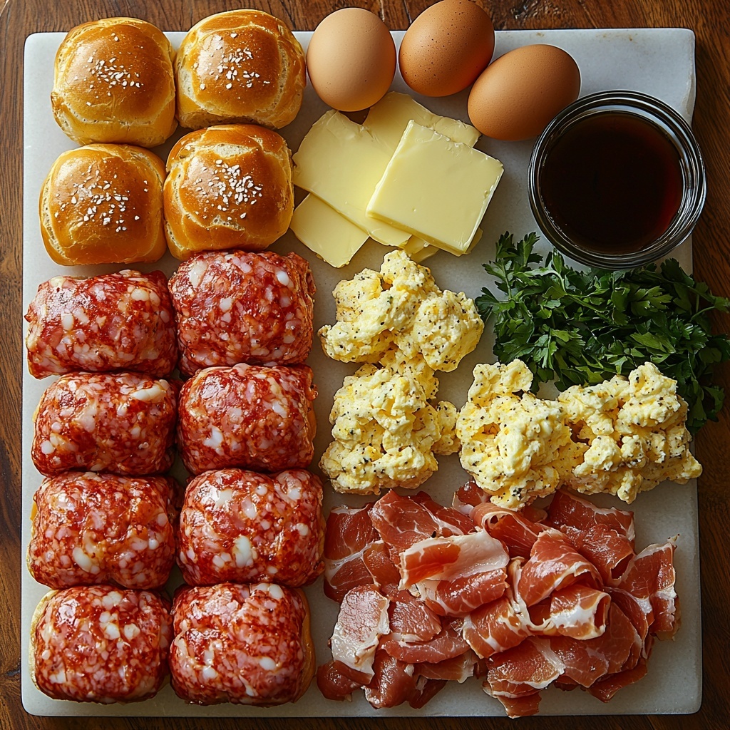 a flat lay of breakfast slider ingredients arranged neatly on a clean white marble surface: nine mini pretzel slider buns sliced into tops and bottoms, golden-brown with a glossy texture; crispy reddish-brown bacon strips fanned out beside the buns; a small pile of raw ground pork sausage showing a rich pink color with marbled fat; four large brown eggs in their shells; a small glass bowl with softly scrambled eggs, fluffy and pale yellow; a stack of four Colby Jack cheese slices with creamy marbled orange and white hues; a small bowl with three tablespoons of unsalted butter, pale yellow and creamy; a small dish of amber maple syrup; a tiny pinch bowl of salt and a few black peppercorns scattered nearby; a small bunch of fresh bright green chopped parsley for garnish; soft natural lighting highlighting the textures and colors, subtle shadows adding depth, styled with minimalist props like a wooden spoon and a linen napkin for warmth, all ingredients spaced evenly to create balance and visual flow -- overhead shot, top down view, flat lay photography, professional food styling --ar 1:1 --q 2 --s 750 --v 6.1