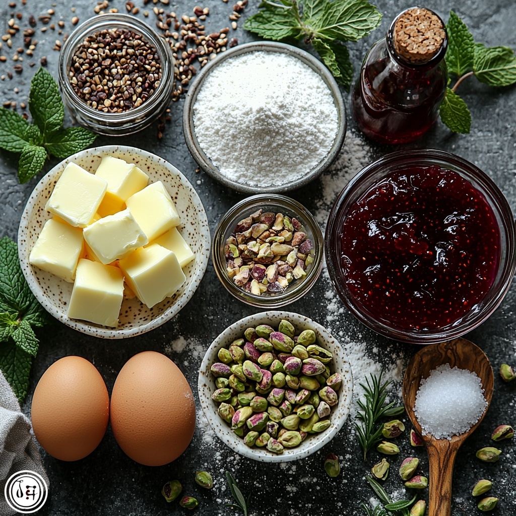 butter sticks, granulated white sugar in a small glass bowl, two large egg yolks in a white ramekin, clear glass bottles with vanilla and almond extract, all-purpose flour in a rustic ceramic bowl with a wooden spoon, coarse salt crystals scattered nearby, finely ground green pistachios in a small porcelain dish, glossy deep red raspberry jam in a tiny glass jar with a silver spoon; all ingredients carefully arranged on a clean, bright white surface with soft natural light casting gentle shadows; textures emphasized — creamy butter, powdery flour, glossy jam, crunchy pistachios; minimalistic styling with a neutral linen napkin folded neatly to one side, subtle sprigs of fresh mint for color contrast; composition balanced and inviting, showcasing each ingredient’s unique color and texture overhead shot, top down view, flat lay photography, professional food styling --ar 1:1 --q 2 --s 750 --v 6.1