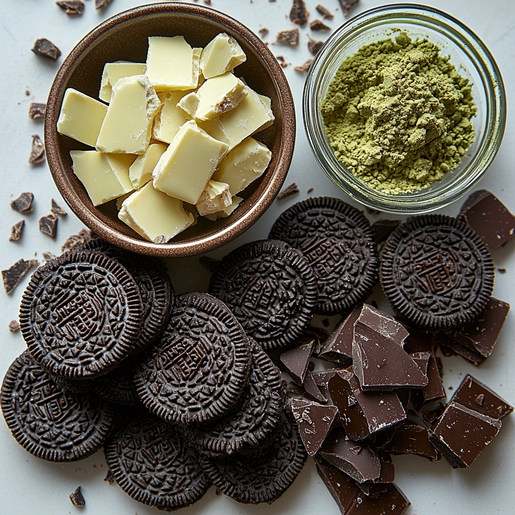 20 regular Oreo cookies broken into pieces, a bowl filled with crushed Oreo chunks showing dark chocolate cookie texture with white cream centers, a pile of smooth, glossy white chocolate morsels, a small glass bowl of pale green mint extract, a tiny dish of vibrant green food coloring, all neatly arranged on a clean white surface with minimal shadows, highlighting contrasts between the dark cookie pieces and bright white chocolate, fresh and inviting mint theme colors, natural light enhancing textures and subtle shine of chocolate, careful spacing for visual balance, rustic yet polished styling with some Oreo crumbs scattered artistically, overhead shot, top down view, flat lay photography, professional food styling --ar 1:1 --q 2 --s 750 --v 6.1