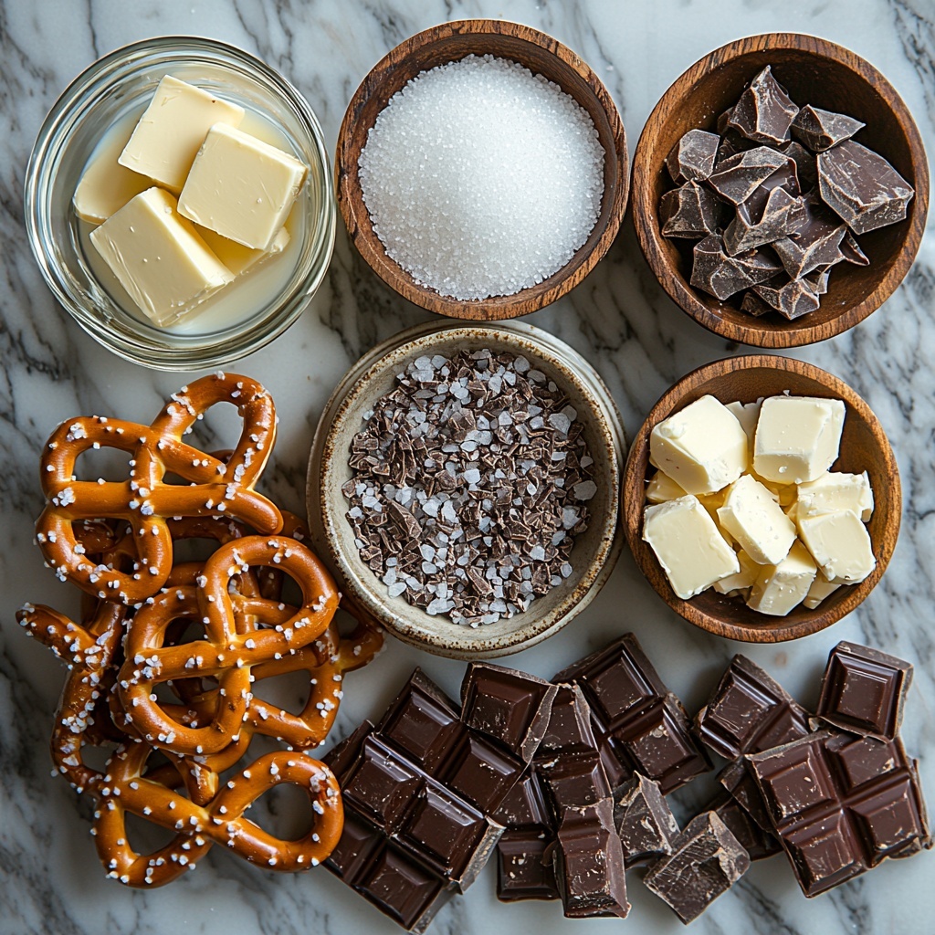 granulated sugar in a small clear glass bowl with sparkling white crystals, soft golden salted butter in a rustic ceramic dish, a small glass measuring cup of smooth, creamy heavy cream, a pile of large salted pretzels with a shiny brown exterior and coarse salt flakes, chunks of milk and semi-sweet dark chocolate with a glossy finish broken into pieces, a small wooden bowl filled with flaky sea salt, all ingredients neatly spaced and arranged on a clean white marble surface with soft natural lighting creating gentle shadows, subtle textured linen napkin partially visible for warmth, minimalistic and elegant styling emphasizing rich textures and warm caramel and chocolate tones, overhead shot, top down view, flat lay photography, professional food styling --ar 1:1 --q 2 --s 750 --v 6.1