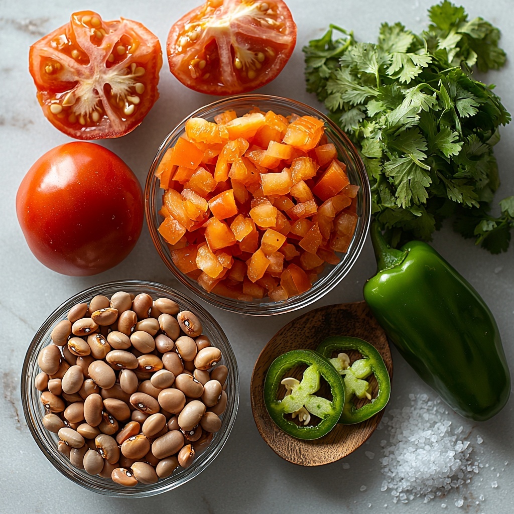 

A clean white marble surface with a beautifully arranged flat lay of fresh ingredients for easy pinto beans: dried pinto beans in a small glass bowl showcasing their earthy beige and brown speckled texture, a halved bright orange onion with visible layers, several cloves of peeled garlic with smooth, off-white skin, a fresh green jalapeño pepper with shiny skin, a small bunch of cilantro with vibrant green leaves, a rustic wooden spoon resting beside a small dish of coarse sea salt crystals, and a quartered ripe red tomato displaying juicy flesh. Natural soft light enhances the warm, inviting color palette and natural textures, with minimal shadows to keep focus on the ingredients' freshness and details. Overhead shot, top down view, flat lay photography, professional food styling --ar 1:1 --q 2 --s 750 --v 6.1