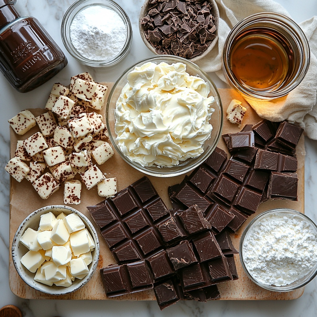 Dark chocolate bars and chopped pieces (deep rich brown, glossy texture), a small bowl of smooth mascarpone cheese (creamy white, velvety texture), a clear glass measuring cup of heavy cream (pure white, flowing liquid), vanilla extract bottle with amber liquid, fine white powdered sugar in a small ceramic bowl, golden melted unsalted butter in a small glass bowl, crushed digestive biscuits with a sandy crumbly texture on a wooden board, granulated white sugar piled in a neat heap, glossy glucose syrup in a small clear bowl reflecting light, a small bowl of cold water (crystal clear), gelatin powder scattered lightly on parchment paper, and a whispy swirl of whipped heavy cream on a white plate. All ingredients are carefully arranged on a clean light beige marble surface with soft natural daylight casting gentle shadows, styled with minimal props like a wooden spoon, a small whisk, and a linen napkin with subtle folds for texture contrast. The composition emphasizes natural colors and varied textures in harmonious balance, creating a warm inviting feel for a chocolate mascarpone dome recipe preparation. Overhead shot, top down view, flat lay photography, professional food styling --ar 1:1 --q 2 --s 750 --v 6.1