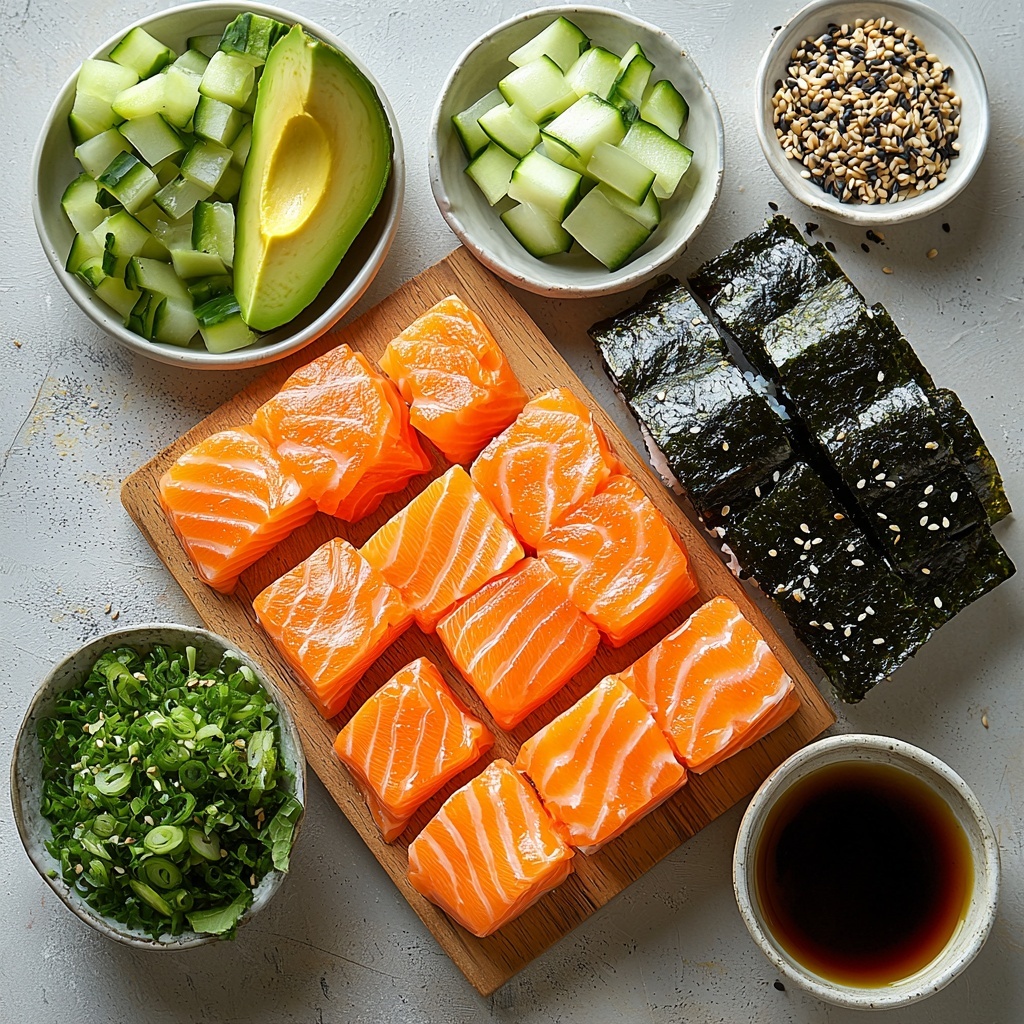 A clean, minimalist white surface showcasing the main ingredients for oven-baked salmon sushi bites arranged neatly for an overhead flat lay: a small bowl of glossy, perfectly cooked sushi rice with a soft, slightly sticky texture; a clear glass bowl of water nearby; a shallow dish with a golden mix of rice vinegar, sugar, and salt; a fresh, vibrant pink salmon fillet skin removed and cut into uniform cubes resting on a wooden board; a small bowl of dark, glossy soy sauce; a tiny dish with amber sesame oil; a ripe avocado sliced into smooth, creamy green wedges; crisp, pale green julienned cucumber strips arranged in a neat pile; glossy dark green nori sheets cut into neat strips; a small white saucer sprinkled with black and white sesame seeds; a bunch of bright green chopped green onions scattered artistically; on the side, a small mound of vibrant green wasabi and delicate pink pickled ginger placed on a minimalist ceramic plate. Natural soft lighting accentuates the fresh textures and vibrant colors, with strategic shadows adding depth. The composition is balanced, airy, and inviting, with a focus on freshness and clear ingredient separation, styled for a professional food photography editorial. overhead shot, top down view, flat lay photography, professional food styling --ar 1:1 --q 2 --s 750 --v 6.1