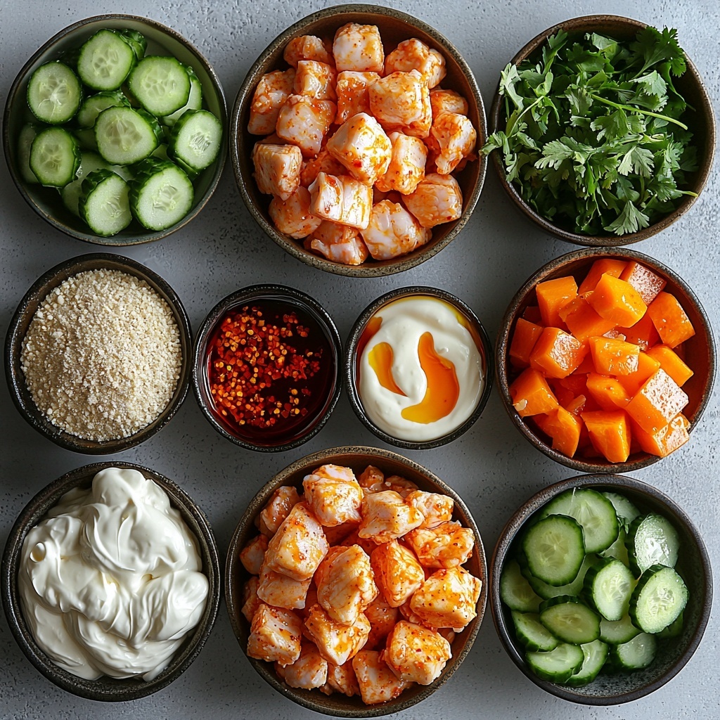 a flat lay of fresh ingredients for Bang Bang Chicken & Rice Bowl arranged neatly on a clean white surface: raw bite-sized chicken pieces in a small bowl soaking in creamy buttermilk, separate small bowls containing fine white all-purpose flour and pale cornstarch dust, a small ramekin with golden garlic powder and deep red smoked paprika next to a pinch of coarse salt and cracked black pepper on the side; a shallow bowl with smooth, creamy pale mayonnaise beside a vibrant red-orange sweet chili sauce mixed with bright scarlet sriracha, golden honey drizzle, and a small bowl of translucent rice vinegar; a mound of fluffy cooked jasmine rice with delicate grains, a heap of shredded mixed greens in varying shades of fresh green, thinly sliced translucent cucumber rounds arranged in a neat line, bright orange carrot ribbons elegantly curled; fresh cilantro leaves scattered gently nearby with vividly green lime wedges showing textured pulp; warm vegetable oil in a small glass container reflecting light; the composition balanced with natural daylight highlighting the contrast of soft, powdery flours, glossy sauces, crisp vegetables, and tender chicken pieces, styled with subtle shadows and minimal props emphasizing freshness and texture overhead shot, top down view, flat lay photography, professional food styling --ar 1:1 --q 2 --s 750 --v 6.1