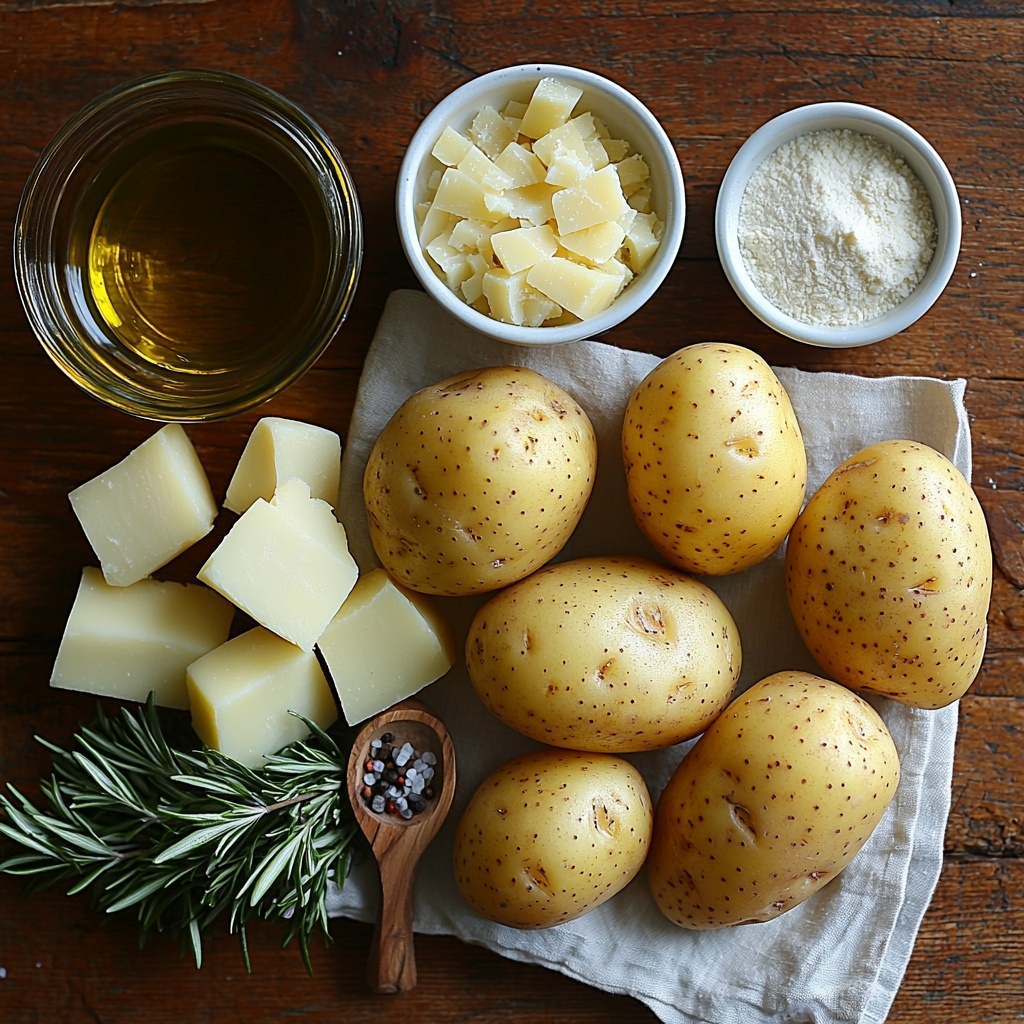 3 large russet potatoes, whole and some sliced into wedges showing golden-yellow flesh and reddish-brown skins, a small glass bowl with golden olive oil reflecting warm light, a heap of pale off-white all purpose flour on a linen cloth, small wooden spoon with beige garlic powder, tiny ceramic dish of finely ground onion powder in light tan, dried rosemary sprigs finely chopped into dark green flecks scattered lightly, a small white ramekin filled with finely grated parmesan cheese, a mound of freshly cracked black peppercorns, coarse white sea salt crystals sprinkled subtly, fresh bright green parsley leaves arranged neatly on a rustic wooden table with a neutral clean background, natural soft daylight casting gentle shadows, emphasis on textures and earthy warm tones, ingredients spaced evenly but organically arranged to create visual harmony, overhead shot, top down view, flat lay photography, professional food styling --ar 1:1 --q 2 --s 750 --v 6.1
