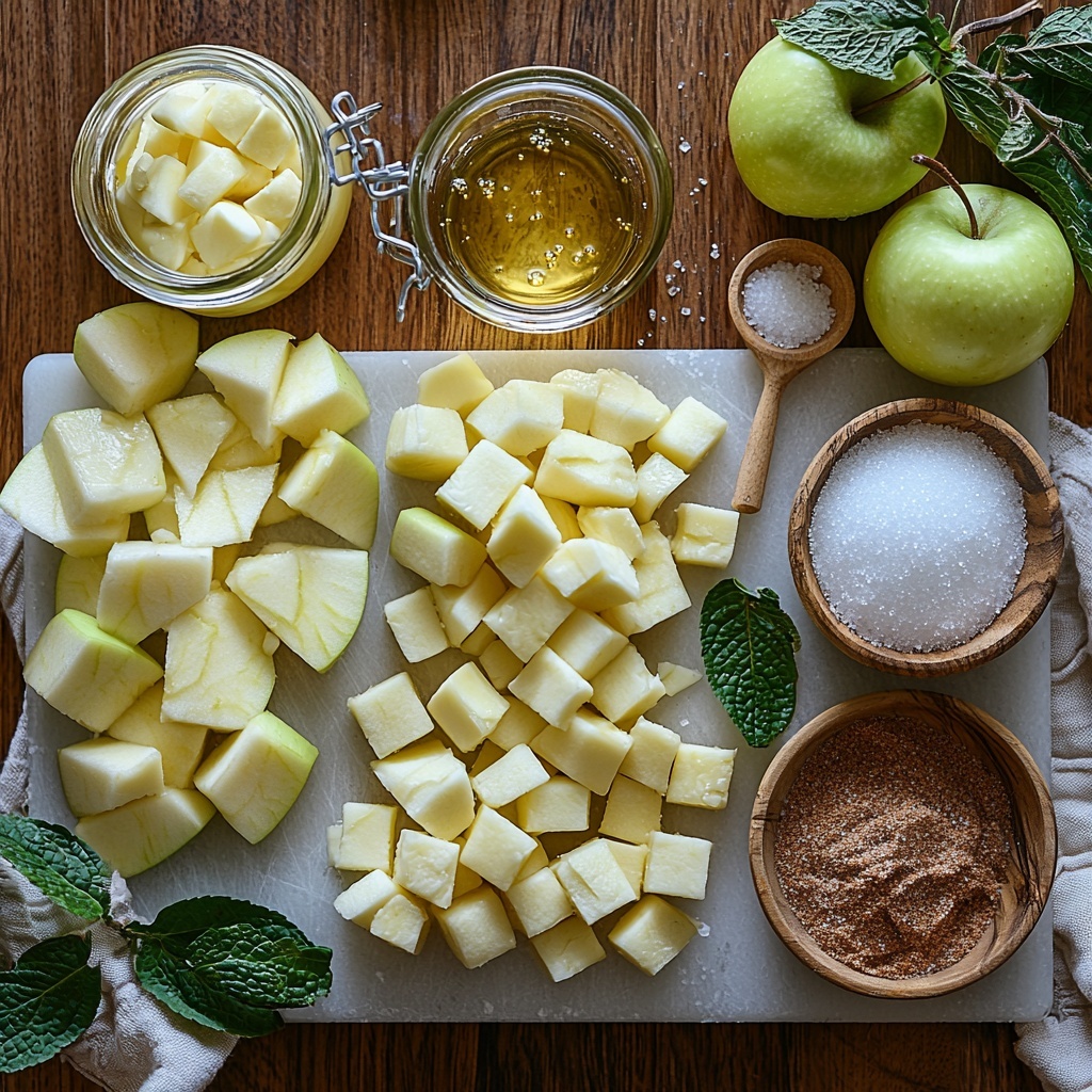 Granny Smith apples peeled and cored, sliced into neat wedges showing crisp green skin and pale flesh; two opened cans of refrigerated crescent roll dough, soft and golden, slightly unrolled with delicate perforations visible; a small glass bowl of unsalted butter, creamy and smooth; a clear cup filled with granulated white sugar sparkling under the light; a small wooden spoon holding ground cinnamon with warm brown hues, and a tiny dish with fine ground nutmeg in soft tan shades; a glass bottle or cup of translucent lemon-lime soda, bubbling with refreshing effervescence; a small bowl of vanilla extract, dark amber liquid glistening; a pinch of salt displayed in a minimal white ceramic dish; optional cinnamon sugar in a tiny rustic bowl with a sparkling velvety texture nearby; all ingredients carefully spaced on a clean white marble surface enhancing natural colors and textures, styled with natural diffuse light creating soft shadows and highlights, minimal rustic props like a neutral linen napkin and light wooden cutting board for warmth, emphasizing freshness and homemade appeal, overhead shot, top down view, flat lay photography, professional food styling --ar 1:1 --q 2 --s 750 --v 6.1
