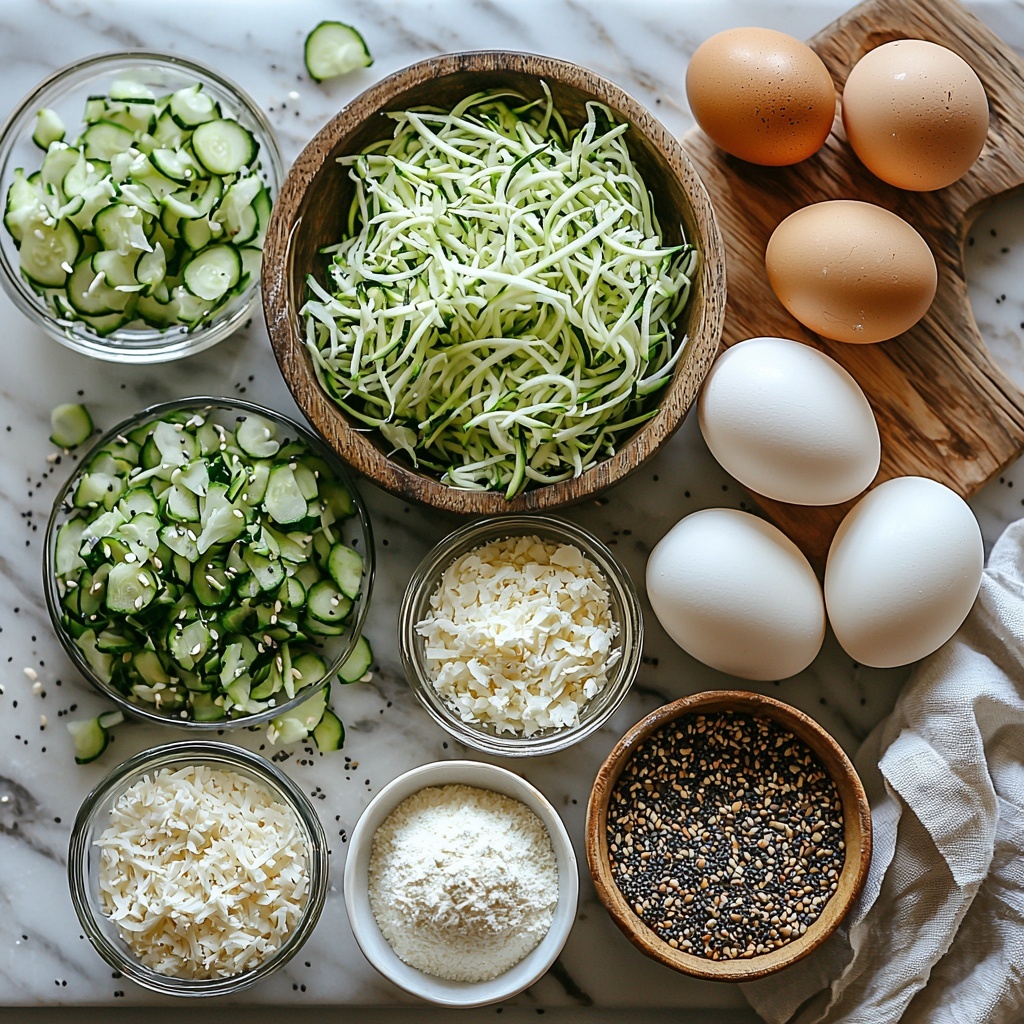 Zucchini Bagels ingredients arranged on a clean white marble surface: a rustic wooden bowl filled with finely shredded bright green zucchini, a small clear glass bowl with fluffy white low moisture shredded mozzarella cheese, a neat pile of fine off-white coconut flour on a small ceramic plate, a white ceramic teaspoon filled with pale beige baking powder, two large fresh brown eggs with smooth shells placed beside each other, and a small glass ramekin displaying a colorful mix of everything bagel seasoning with sesame seeds, dried onion flakes, and poppy seeds. Soft natural light highlights the vibrant greens, creamy whites, and warm earthy tones, casting gentle shadows. Textures vary from fluffy cheese, delicate powder, and fibrous shredded zucchini to the smooth eggshells and coarse seasoning. The ingredients are arranged harmoniously with balanced spacing, some ingredients slightly overlapping to create depth, complemented by a folded linen napkin in soft neutral tones and a wooden spoon placed diagonally to add rustic charm. overhead shot, top down view, flat lay photography, professional food styling --ar 1:1 --q 2 --s 750 --v 6.1