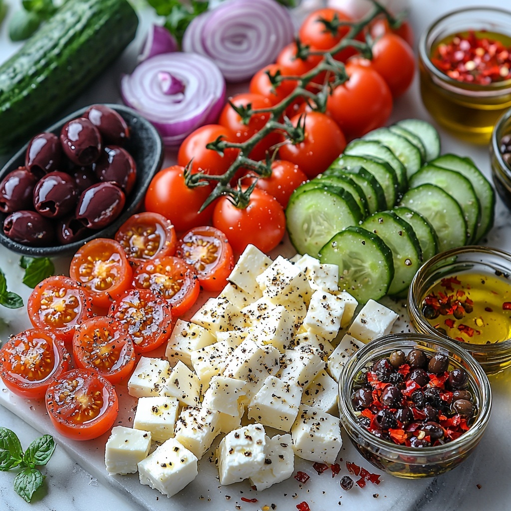 cherry tomatoes halved with vibrant red hues and glossy skins, sliced English cucumber cut into fresh green half moons showing crisp texture, thinly sliced red onion rings with translucent purple layers, glossy dark purple Kalamata olives pitted and arranged in clusters, a rustic block of feta cheese both cubed and crumbled displaying crumbly white texture, small glass bowls holding extra virgin olive oil with a golden sheen and red wine vinegar with a deep ruby tone, scattered dried oregano flakes, coarse sea salt crystals, and freshly ground black peppercorns adding contrast, all meticulously arranged on a clean white marble surface that enhances the colors and freshness of the ingredients, natural soft lighting highlighting the textures and vibrant colors, minimal shadows, with a few fresh oregano sprigs artistically placed for an organic touch, overhead shot, top down view, flat lay photography, professional food styling --ar 1:1 --q 2 --s 750 --v 6.1
