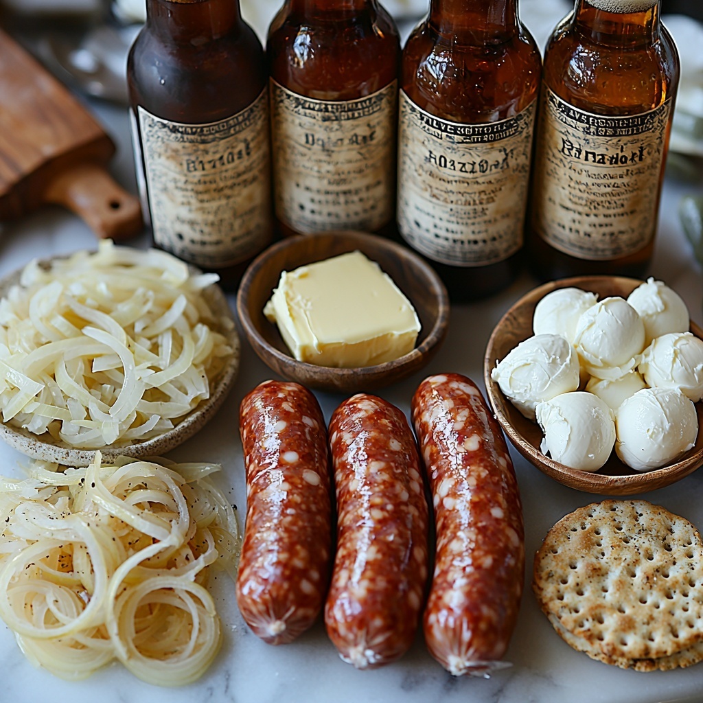 2 uncooked bratwursts with a slightly glossy, pale raw texture, two open bottles of light beer with amber golden liquid inside and condensation on the glass, half a yellow onion finely sliced into thin translucent rings with slightly uneven edges, two tablespoons of smooth golden butter in a small dish and a partially unwrapped pat, 8 oz fresh mozzarella sliced thickly with a soft, creamy white appearance, one thin round pizza crust with a rustic, slightly browned edge and a smooth pale dough surface, all ingredients carefully arranged separately on a clean white marble surface to showcase contrasting colors and textures, with natural soft lighting casting gentle shadows to emphasize freshness and detail, minimal props for a clean, modern look, slight rustic accents such as a wooden-handled knife and a small butter knife nearby, overhead shot, top down view, flat lay photography, professional food styling --ar 1:1 --q 2 --s 750 --v 6.1