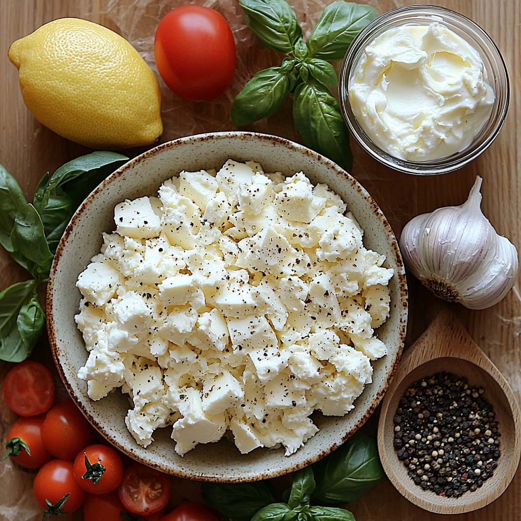 Cream cheese at room temperature in a small glass bowl, smooth and creamy texture; crumbled feta cheese heap with crumbly, slightly grainy white texture on a rustic ceramic plate; a clear measuring cup filled with thick, creamy plain Greek yogurt; 2-3 whole garlic cloves with papery skin intact, off-white and slightly rough; small wooden spoon with dried dill scattered nearby, fine green flakes; teaspoon of dried oregano with coarse, muted green leaves arranged in a neat pile; fresh lemon wedge with bright yellow, juicy pulp visible; diced Roma tomato pieces showing vibrant red, juicy flesh with glossy seeds in a small white bowl; fresh basil leaves, deep green with delicate veins and smooth texture, scattered artistically; small ceramic salt cellar with freshly cracked black pepper, irregular dark specks spilling slightly on the clean, light wood surface; all ingredients spaced evenly on a neutral pale wood background, soft natural lighting creating gentle shadows, styled with minimal props to emphasize textures and colors, clean and airy composition, overhead shot, top down view, flat lay photography, professional food styling --ar 1:1 --q 2 --s 750 --v 6.1