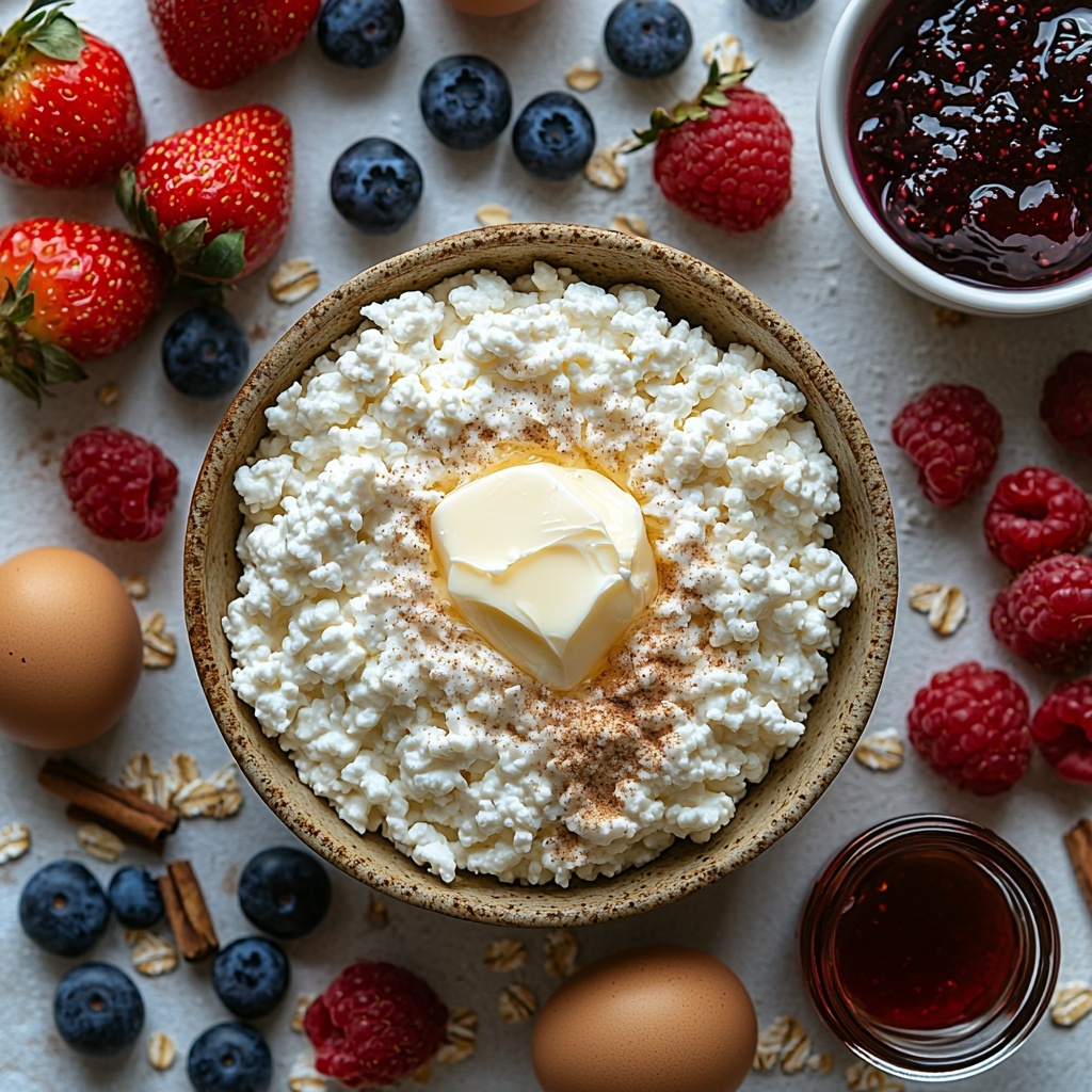 Half cup creamy white cottage cheese in a small glass bowl, next to a rustic heap of light beige rolled oats scattered loosely on a clean white surface; two fresh brown eggs with smooth shells placed side by side; a small vintage teaspoon holding fine light brown cinnamon powder; a tablespoon of golden melted butter in a clear ramekin with a buttery sheen; vibrant mixed berries—deep red raspberries, dark blue blueberries, and bright red strawberries—artfully arranged in a small cluster; a dollop of smooth, amber-colored applesauce in a white porcelain dish; a small glass jar of rich, amber maple syrup catching light with a subtle gloss; a porcelain bowl with glossy red jam showing a luscious texture. All ingredients are spaced evenly with soft natural light enhancing the warm tones and subtle textures, styled with minimalistic cutlery nearby, wisps of powdered cinnamon dusted lightly on the surface for visual interest, clean white background emphasizing freshness and simplicity. Overhead shot, top down view, flat lay photography, professional food styling --ar 1:1 --q 2 --s 750 --v 6.1