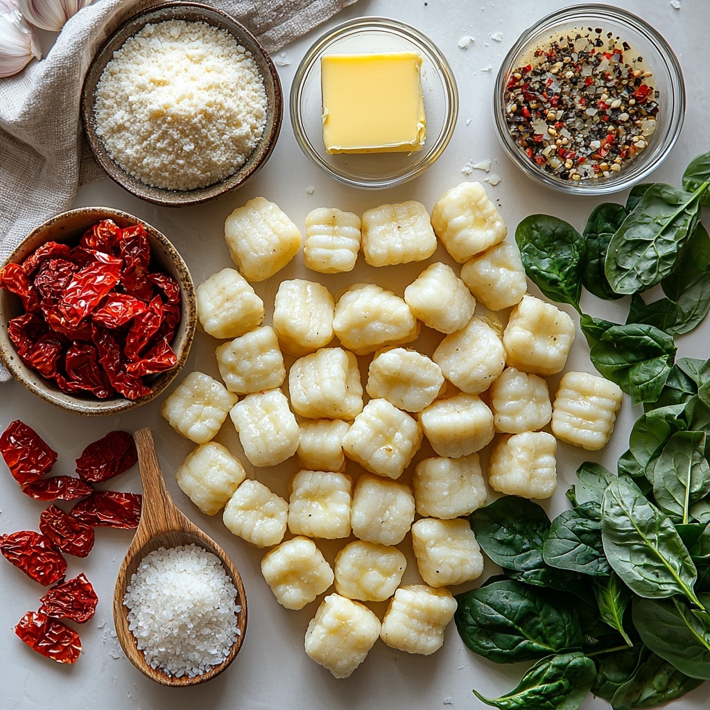 A bright and clean flat lay of fresh ingredients for creamy Tuscan gnocchi arranged on a smooth white surface: golden butter in a small glass bowl, two cloves of finely chopped garlic scattered neatly, a mound of uncooked potato gnocchi with a pale, pillowy texture, a small heap of vibrant red chopped sun-dried tomatoes, a tiny wooden spoon filled with Italian seasoning and crushed red pepper flakes for a touch of warm red and green speckles, coarse grains of salt and cracked black peppercorns sprinkled casually nearby, a small glass measuring cup filled with rich creamy white heavy cream, a clear bowl containing light golden vegetable stock, finely grated pale ivory Parmesan cheese in a delicate pile, fresh baby spinach leaves clustered loosely showing deep green glossy textures, and thinly sliced bright green fresh basil leaves artistically fanned out. Natural daylight casts soft shadows, highlighting the varied textures and vivid colors. The composition is balanced with ample negative space, styled with minimal rustic props like a wooden spoon and linen napkin for warmth. overhead shot, top down view, flat lay photography, professional food styling --ar 1:1 --q 2 --s 750 --v 6.1