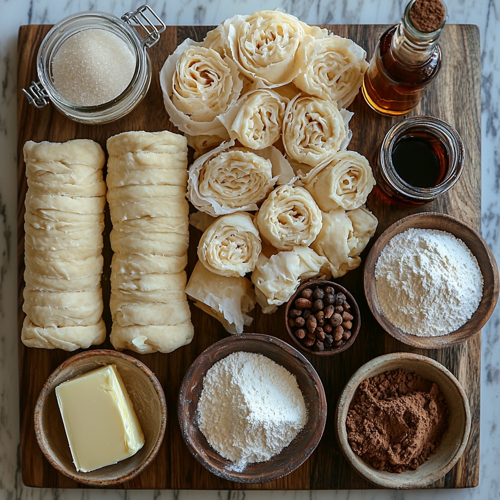 A clean, bright surface with the main ingredients for cinnamon roll cruffins neatly arranged in an inviting flat lay. Three tubes of refrigerated crescent roll dough with shiny, smooth beige packaging, partially unrolled to reveal the soft, pale dough beneath lightly dusted with flour. A small wooden bowl filled with soft, golden yellow unsalted butter, next to a rustic ceramic bowl heaped with rich, moist light brown sugar displaying deep caramel tones. Nearby, a small glass jar with warm, earthy ground cinnamon powder scattered delicately around it. A block of creamy, smooth white cream cheese placed on a white plate with a small spreading knife. A sifter with fine, snowy white confectioners’ sugar dusted lightly nearby. A small glass bowl containing whole milk, its surface glossy and reflective. A tiny glass bottle of vanilla extract with dark amber liquid inside, casting subtle shadows. The items are spaced evenly with natural textures and colors contrasting beautifully against a neutral background, accented by soft natural light casting gentle shadows, styled with minimal rustic props for an inviting and appetizing feel. Overhead shot, top down view, flat lay photography, professional food styling --ar 1:1 --q 2 --s 750 --v 6.1