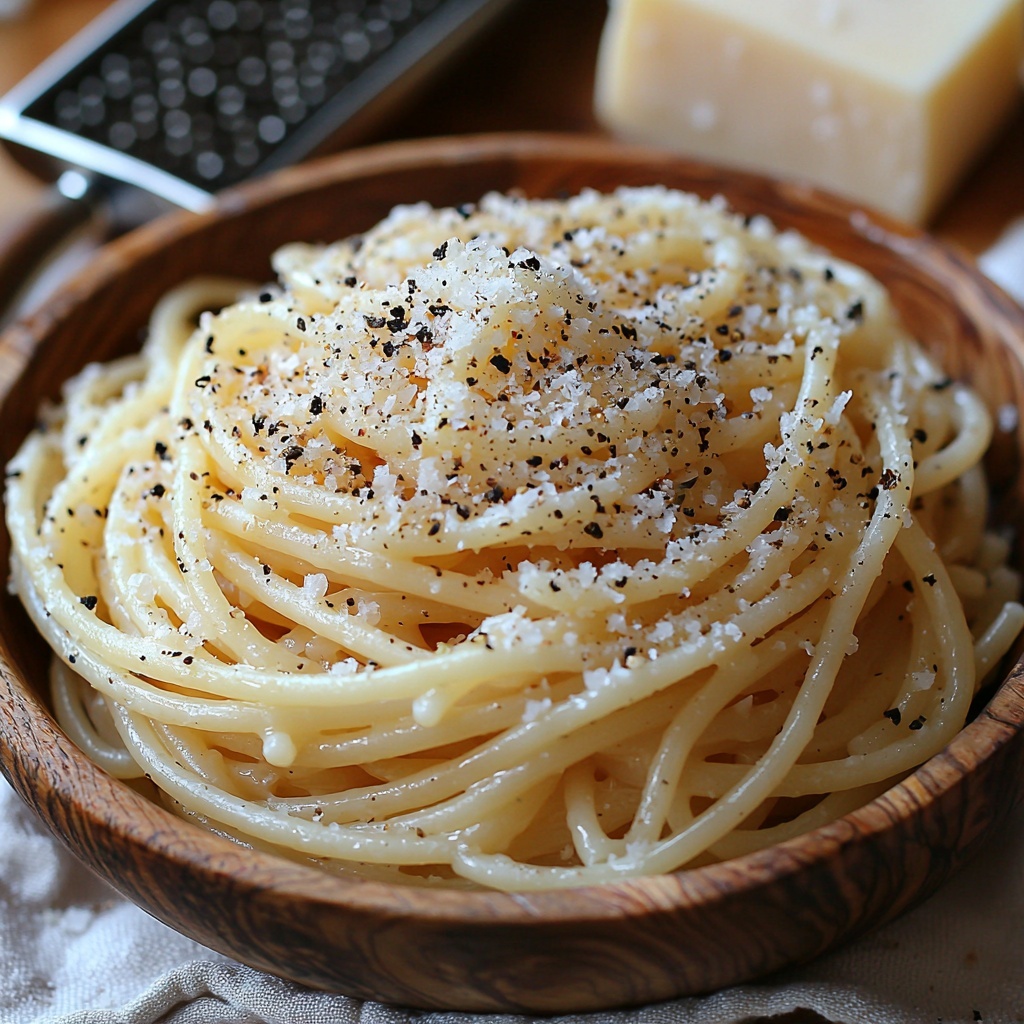 bucatini pasta loosely coiled in a small nest, a mound of freshly grated Pecorino Romano cheese with delicate fine shreds, a rustic wooden bowl filled with cracked black peppercorns showing coarse texture, a small glass dish of sparkling sea salt crystals, all arranged on a clean, light-colored wooden surface with soft natural lighting casting gentle shadows, subtle props like a simple linen napkin and a vintage cheese grater slightly blurred in the background, emphasizing warm creamy whites, soft yellows, deep black specks from pepper, and natural wood tones, creating a harmonious and inviting composition — overhead shot, top down view, flat lay photography, professional food styling --ar 1:1 --q 2 --s 750 --v 6.1