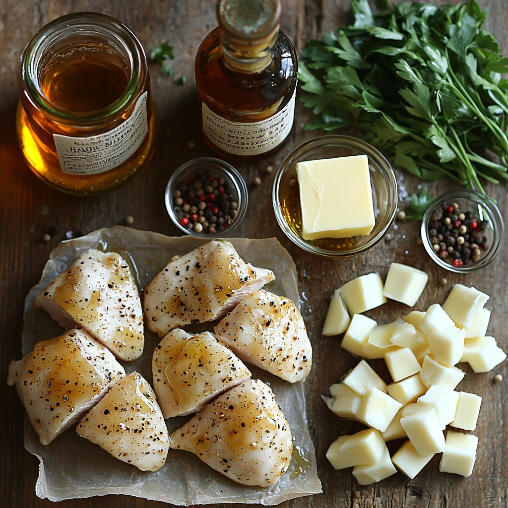 4 boneless, skinless chicken breasts raw and plump, seasoned lightly with coarse salt and cracked black pepper scattered subtly; small glass bowl with golden olive oil showing smooth, glossy texture; a short glass bottle of Irish whiskey with amber liquid catching the light; a small bowl of thick, white heavy cream with slight sheen; a tiny ramekin of pale yellow Dijon mustard, smooth and creamy; a small dish of dark brown Worcestershire sauce with a glossy surface; two cloves of garlic, peeled and minced finely, arranged near a pile of translucent, finely chopped onions; clear measuring cup filled halfway with light golden chicken broth; a small chunk of creamy yellow butter on rustic parchment; fresh green parsley leaves and slender chives, chopped finely and sprinkled loosely; all ingredients carefully spaced on a clean, rustic wooden surface with natural light casting soft shadows; textures vivid and colors natural and inviting, emphasizing freshness and warmth; a few scattered whole peppercorns and sprigs of parsley around for enhanced styling; overhead shot, top down view, flat lay photography, professional food styling --ar 1:1 --q 2 --s 750 --v 6.1