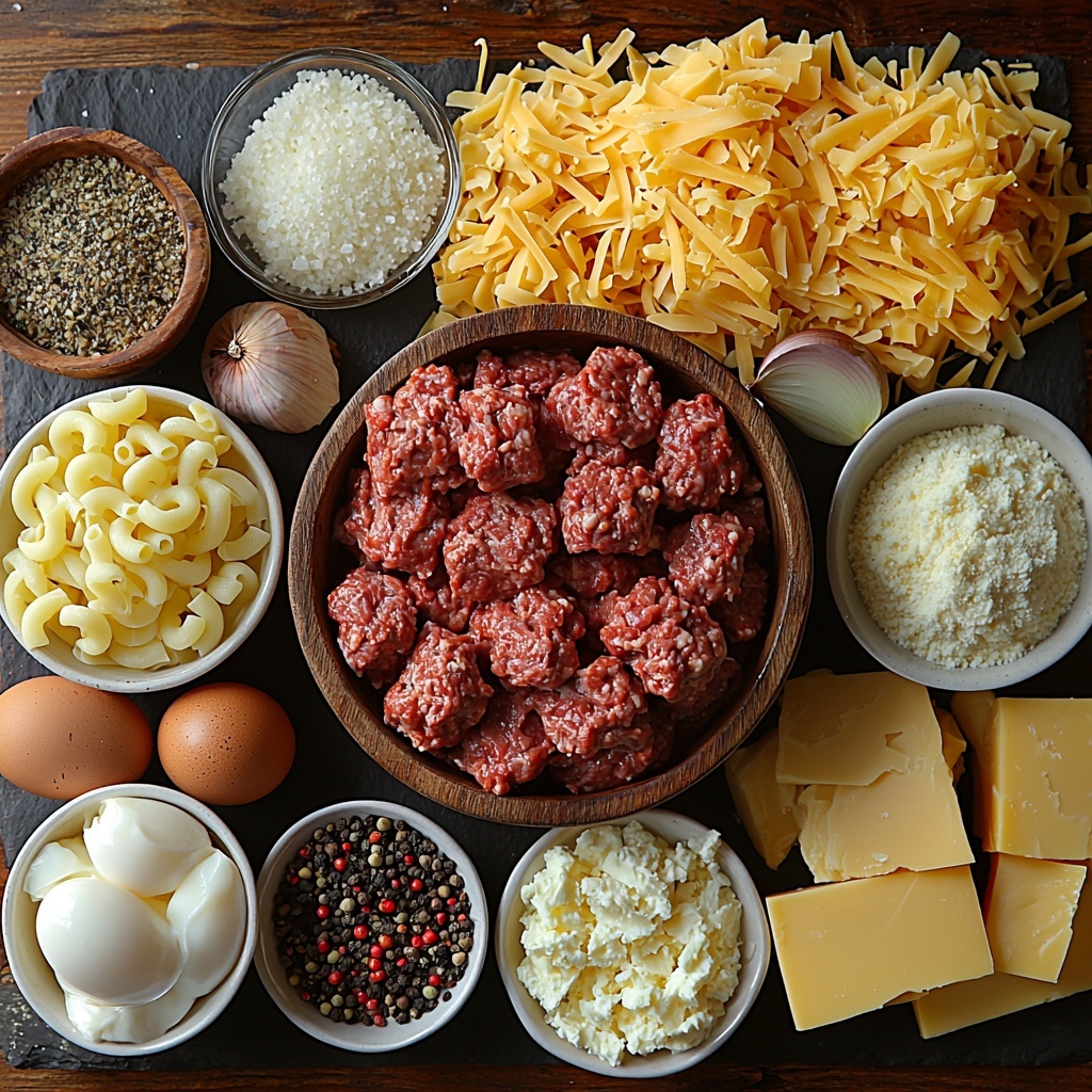 A clean white surface displaying the main ingredients for Mac and Cheese Meatloaf Casserole arranged neatly in an inviting flat lay. Centered is a rustic wooden bowl filled with 1 lb of raw ground beef, its rich red color contrasting with the surrounding ingredients. To the left, a small white ramekin holds 1/2 cup diced onions, with their translucent, slightly glossy texture catching light. Nearby, a small heap of golden breadcrumbs showcases a rough, crumbly texture. Above, a ceramic measuring cup contains 2 cups uncooked elbow macaroni, their pale yellow curved shapes adding softness to the composition. A wooden spoon rests beside a cracked large egg with a visible yolk, adding warmth and natural earth tones. Scattered around are fresh spices in tiny white bowls: coarse salt crystals, black peppercorns, smoky paprika powder with deep red hues, and fine dry mustard powder in muted yellow. A small glass jug of 1/4 cup milk for the meatloaf and a larger clear measuring cup with 2 cups milk for the cheese sauce add creamy white tones. On a dark slate tile sits a pat of bright golden butter. Finally, a generous mound of shredded bright orange cheddar cheese is carefully fanned out on a light linen napkin, showcasing its soft, curly texture. The ingredients are spaced with balance, layered with natural light casting soft shadows to enhance textures and colors, styled with minimal rustic props to emphasize freshness and comfort. Overhead shot, top down view, flat lay photography, professional food styling --ar 1:1 --q 2 --s 750 --v 6.1