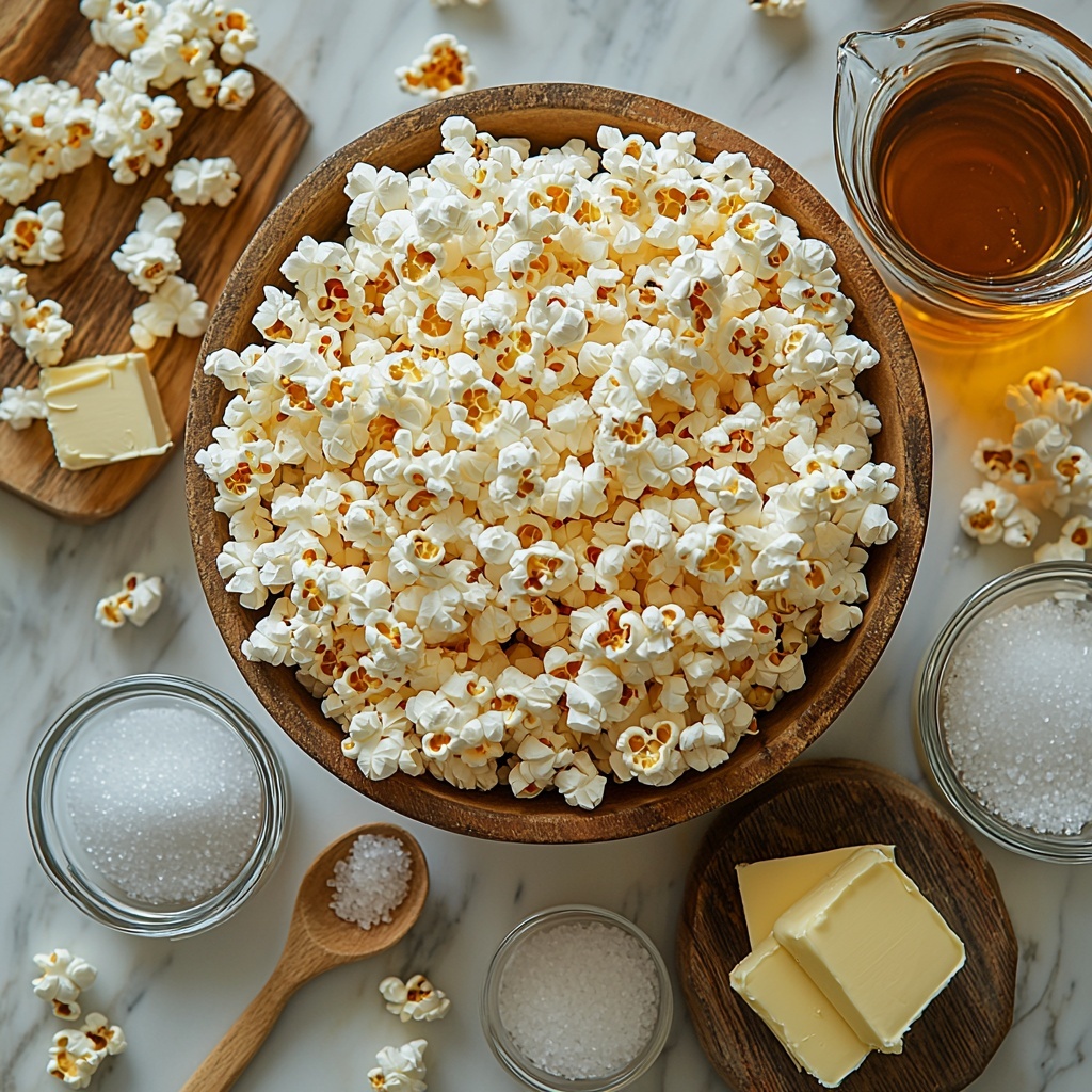 Popcorn kernels popped into fluffy white popcorn heaped loosely in a large rustic bowl, surrounded by small glass bowls containing golden light brown sugar, sparkling white granulated sugar, glossy amber light corn syrup, clear water, and a small dish of pure white distilled white vinegar. A vintage teaspoon rests beside a heap of fine white salt crystals, while several golden pats of butter with a smooth creamy texture are arranged on a small wooden board. A tiny glass pitcher of vanilla extract with a rich amber hue adds warmth to the composition. All ingredients are neatly spaced on a clean, bright white marble surface, highlighting their natural colors and textures. Soft natural light casts gentle shadows, emphasizing the contrast between the fluffy popcorn and smooth sugars and syrups. Scattered popcorn pieces and a casually folded piece of wax paper add an authentic, inviting kitchen feel. overhead shot, top down view, flat lay photography, professional food styling --ar 1:1 --q 2 --s 750 --v 6.1