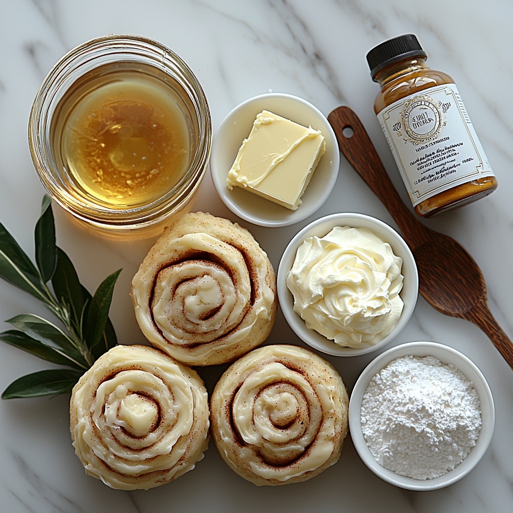 Two cans of refrigerated cinnamon rolls with glossy white icing packets, arranged neatly in their circular shapes; a small glass bowl with melted golden butter reflecting soft light; a rustic wooden spoon resting beside a heap of moist, rich light brown sugar; a small clear glass bottle of vanilla extract with amber liquid inside; a cube of creamy, soft cream cheese on a white ceramic dish; a delicate white ramekin filled with fine, snowy powdered sugar; all placed thoughtfully on a smooth, clean white marble surface. The ingredients are spaced evenly, with natural light casting gentle shadows to highlight the varied textures—the fluffy dough, smooth butter, crystalline sugar grains, and silky cream cheese—accented by minimal greenery sprigs for a fresh touch. Overhead shot, top down view, flat lay photography, professional food styling --ar 1:1 --q 2 --s 750 --v 6.1