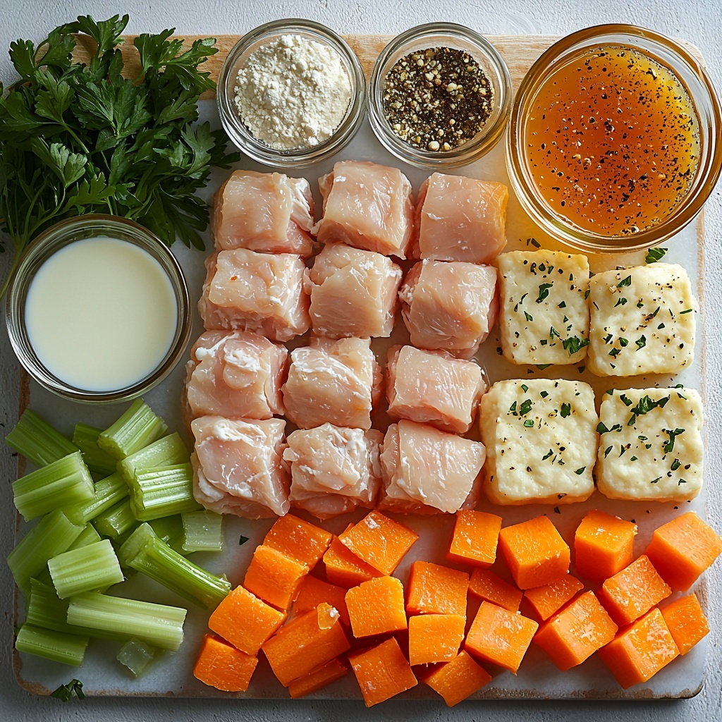 a flat lay of ingredients for classic chicken and dumplings with biscuits arranged on a clean white surface: raw chicken thighs with smooth pale pink skin, vibrant diced orange carrots scattered artfully, bright green diced celery pieces, a small onion chopped into uneven white and purple-tinged bits, two cloves of garlic minced finely with a slightly rough texture, a rustic pat of golden butter, a small mound of fine white all-purpose flour, a clear glass measuring cup filled with warm golden chicken broth, a small bowl of creamy off-white milk or cream, coarse grains of white salt and cracked black pepper sprinkled neatly, dried thyme leaves scattered delicately, quartered light beige biscuit dough pieces with a soft doughy texture arranged in a fan pattern, and fresh chopped parsley with vivid green leaves adding a pop of color; natural soft overhead lighting highlighting textures and colors, warm and inviting mood, minimal shadows, clean and uncluttered composition with ingredients spaced evenly to balance the frame, subtle rustic kitchen props like wooden spoon or linen napkin partially visible for depth overhead shot, top down view, flat lay photography, professional food styling --ar 1:1 --q 2 --s 750 --v 6.1