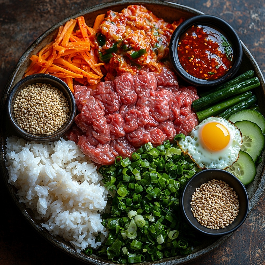 A clean, bright surface displaying an artfully arranged flat lay of Korean beef bowl ingredients: a raw 1 lb. portion of marbled ground beef with deep red and creamy white textures; three peeled garlic cloves finely minced in a small ceramic bowl; a small pile of freshly grated pale yellow ginger root; a glass bowl with dark, glossy soy sauce; a small ramekin filled with rich, golden-brown sugar crystals; a spoonful of vibrant red gochujang paste with smooth, glossy texture next to a small dish of bright red chili garlic sauce; a tiny bowl of clear, pale rice vinegar; a scattering of deep red chili flakes; a neat mound of fluffy white cooked rice; a sliced bright green hot house cucumber with crisp texture; thin julienned bright orange carrots; sliced fresh green onions with vibrant white bulbs and bright green stalks; optional elements artfully placed on the side including vivid red kimchi napa leaves, a small bowl of toasted sesame seeds, and a perfectly cooked sunny-side-up fried egg with glossy whites and bright yellow yolk; a small bowl combining creamy white mayonnaise swirled with bright red sriracha for spicy mayo. The ingredients are spaced evenly with contrasting colors and textures balanced for a harmonious, inviting composition. Soft natural light enhances the freshness and vivid colors, with minimal shadows and subtle highlights on glossy sauces and fresh vegetables. Overhead shot, top down view, flat lay photography, professional food styling --ar 1:1 --q 2 --s 750 --v 6.1