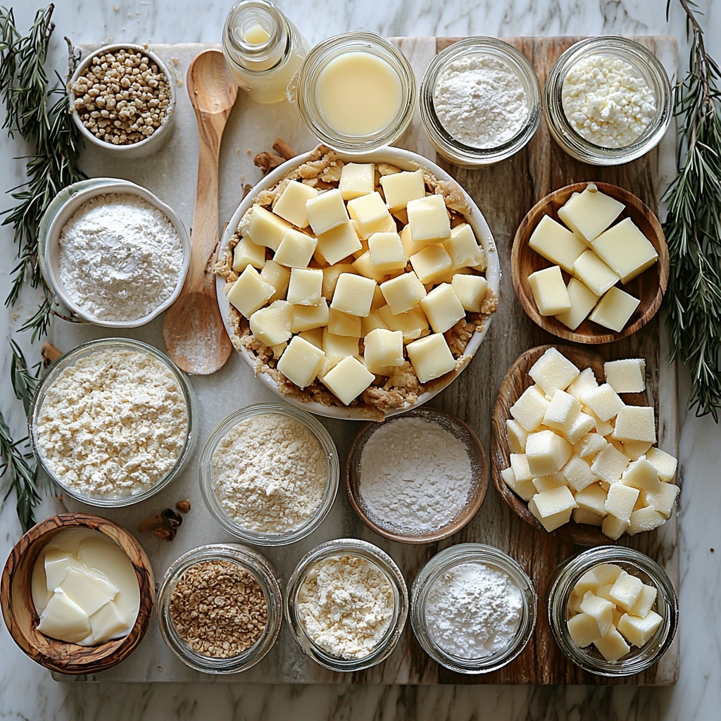 2 cups all-purpose flour in a small ceramic bowl with soft white powder texture, 3 tablespoons granulated sugar in a clear glass dish showing sparkling crystals, 2 teaspoons active dry yeast scattered loosely with fine beige granules, 1/4 teaspoon ground cardamom in a tiny wooden spoon with pale greenish powder, 1 teaspoon kosher salt with coarse white crystals in a ramekin, 1 cup cold unsalted butter cut into neat cubes on a rustic wooden board with creamy pale yellow color, 1/3 cup whole cold milk in a small vintage milk jug showing smooth white liquid, 1 beaten egg in a shallow white bowl with rich golden-yellow yolk and frothy texture, two jars of thick apple pie filling with visible tender apple chunks in glossy cinnamon-spiced syrup, 1 cup powdered sugar in a fine mesh sieve dusted lightly across a linen cloth, 1 teaspoon vanilla extract in a small amber glass bottle, 2 teaspoons cold water in a delicate clear glass bowl

All ingredients arranged neatly on a clean white marble surface with natural soft light casting gentle shadows, subtle pops of warm golden and earthy tones from butter and apple filling contrasted with bright whites and translucent glass elements, minimalistic rustic props such as a wooden spoon and linen napkin add warmth and texture, no clutter, focused composition emphasizing freshness and homeliness

overhead shot, top down view, flat lay photography, professional food styling --ar 1:1 --q 2 --s 750 --v 6.1
