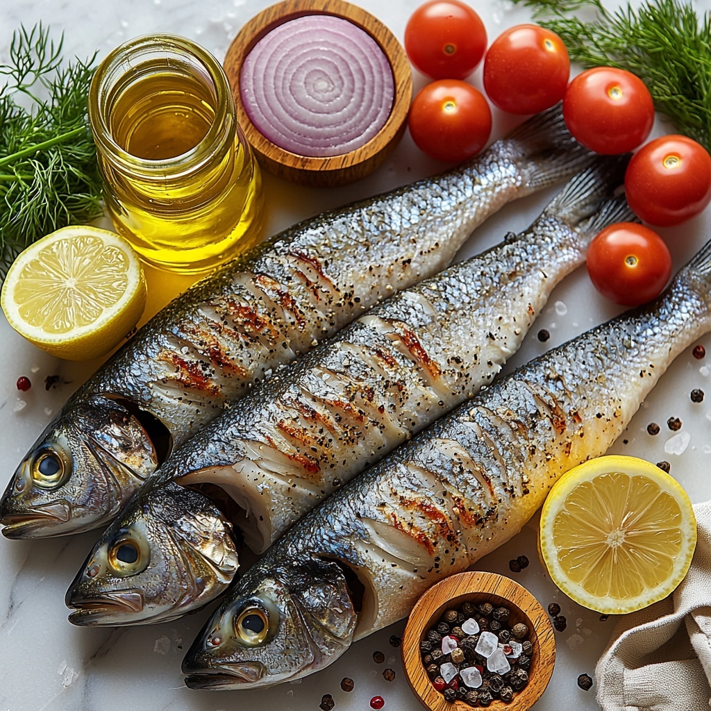 Extra virgin olive oil in a small glass bottle with golden-green hues, whole cleaned branzino fish with silvery scales and clear eyes, half lemon sliced into bright yellow rounds, half red onion sliced with vibrant purple rings, a cluster of halved cherry tomatoes showing glossy red interiors, fresh chopped dill with feathery green sprigs scattered loosely, kosher salt crystals and coarse black peppercorns sprinkled artistically around, all carefully arranged on a clean white marble surface to highlight natural colors and textures, natural soft lighting casting gentle shadows, minimalistic rustic style with subtle reflections, some ingredients placed on small wood and ceramic bowls for contrast, a natural linen napkin folded nearby for warmth overhead shot, top down view, flat lay photography, professional food styling --ar 1:1 --q 2 --s 750 --v 6.1