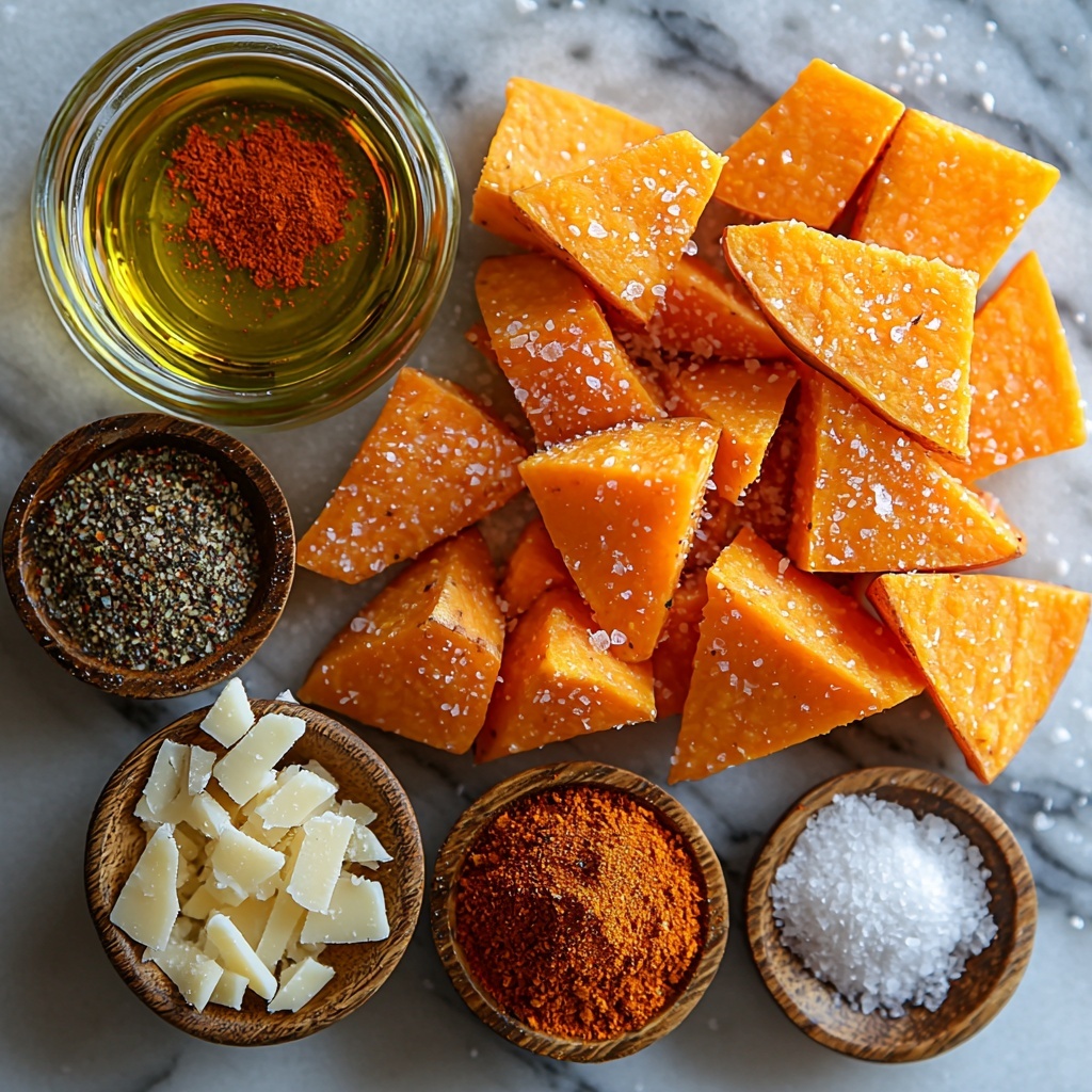 2 small sweet potatoes cut into thin wedges with bright orange flesh and slightly textured skin, a small glass bowl of golden olive oil with a smooth reflective surface, scattered piles of fine white parmesan cheese shavings, small wooden spoons holding earthy reddish paprika, deep black freshly ground black pepper, warm light brown garlic powder, and dark red chili powder, a pinch of coarse white salt crystals loosely sprinkled on a clean white marble surface, all ingredients carefully arranged in a balanced circular composition with natural soft daylight highlighting the vibrant colors and varied textures, subtle shadows adding depth and contrast, minimalist and clean styling emphasizing freshness and simplicity, overhead shot, top down view, flat lay photography, professional food styling --ar 1:1 --q 2 --s 750 --v 6.1