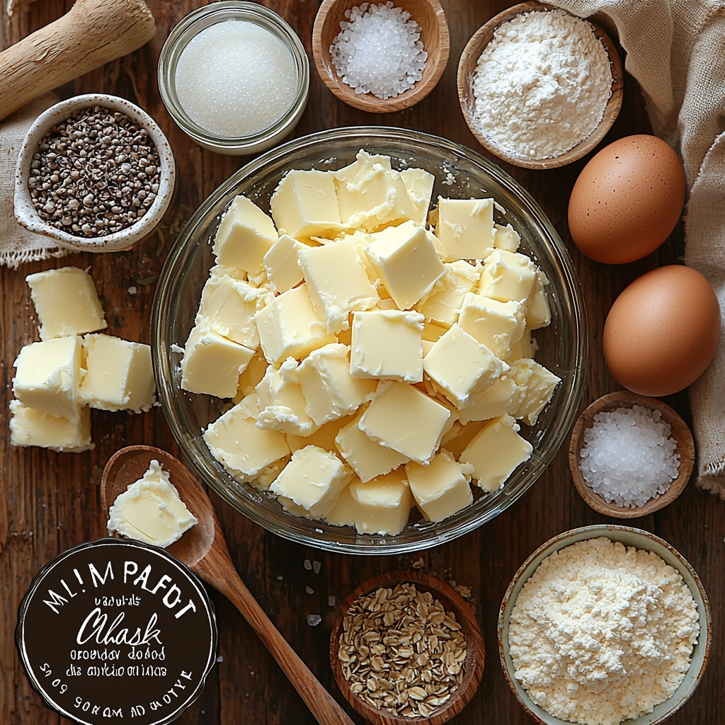 11 tablespoons unsalted butter, creamy pale yellow, softened and cut into neat cubes; 1⅔ cups granulated sugar, bright white crystals in a small glass bowl; 1 tablespoon rich amber vanilla bean paste in a tiny rustic jar with visible vanilla specks; ½ teaspoon fine sea salt in a small white ceramic dish; 2 large brown eggs with smooth shells, placed near a stainless steel whisk; 2 cups all-purpose flour, soft white powder gently mounded in a clear glass bowl; ¾ teaspoon baking powder, fine off-white powder in a small ceramic spoon; ¾ cup sour cream, thick and creamy white in a small vintage porcelain bowl. All ingredients arranged artfully on a clean, light wooden surface with soft natural lighting highlighting textures and subtle shadows, complemented by a subtle linen napkin and a wooden mixing spoon placed casually nearby for warmth and authenticity. The composition is balanced with contrasting textures and neutral tones to emphasize freshness and simplicity, styled with minimal props to maintain focus on the ingredients. overhead shot, top down view, flat lay photography, professional food styling --ar 1:1 --q 2 --s 750 --v 6.1