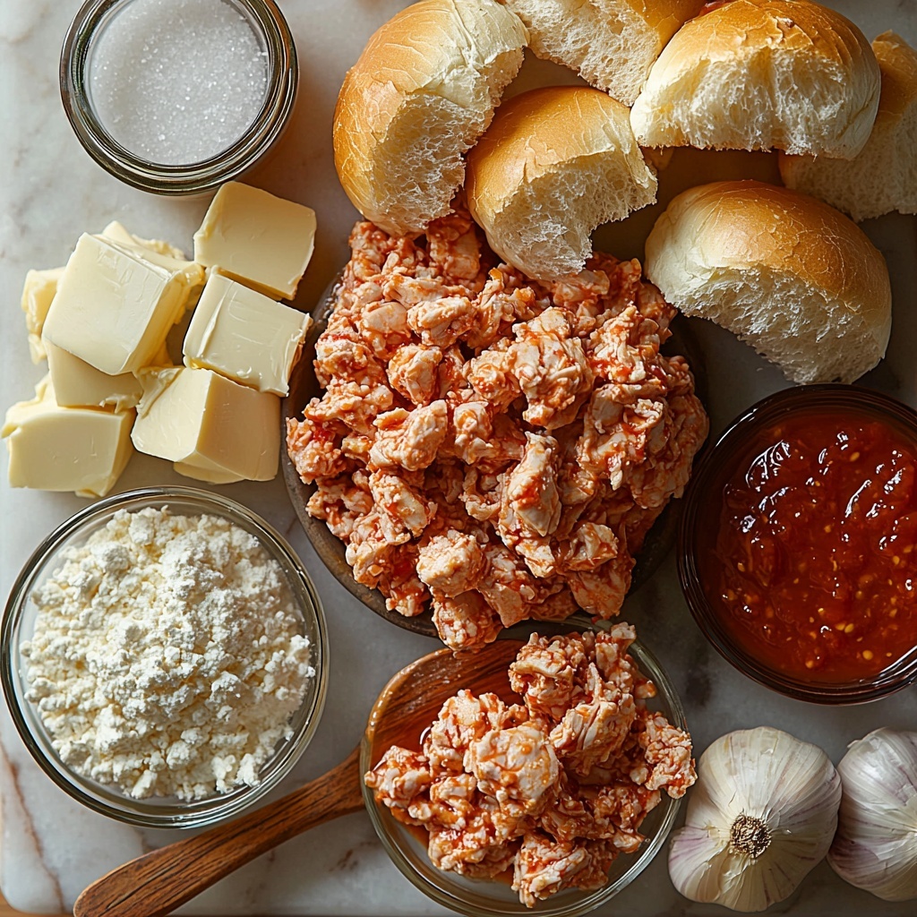 Cajun Chicken Sloppy Joes ingredients arranged neatly on a clean white marble surface, featuring: a small glass bowl of golden olive oil, a pile of raw ground chicken with a slight pink hue, finely chopped white onion scattered next to it, two whole garlic cloves with papery skins, a small rustic bowl filled with deep red Cajun seasoning powder, a small spoon resting on thick, rich tomato paste that’s vividly brick red, a clear glass measuring cup half-filled with light amber chicken broth, a small bowl of smooth bright red canned tomato sauce, a small dish of dark glossy Worcestershire sauce, a tiny bowl with light brown granulated sugar, a pat of pale yellow unsalted butter on a wooden butter knife, a mound of fine all-purpose flour dusted gently nearby, a small pitcher of creamy whole milk, a small heap of finely shredded sharp cheddar cheese showing rich orange and pale yellow hues, a pinch of reddish paprika powder on a white ceramic spoon, a salt cellar with coarse white salt crystals, freshly ground black peppercorns scattered artistically, and 4 golden-brown brioche hamburger buns split open and toasted with a slight sheen of softened butter. The ingredients are arranged with balanced spacing and natural shadows, showcasing complementary warm and neutral tones, subtle textural contrasts from smooth liquids to coarse powders and soft shredded cheese, styled with minimal props such as a wooden spoon and linen napkin to enhance the warm, rustic, and inviting feel. Bright, natural light from one side creates soft highlights and delicate shadows, emphasizing freshness and vibrant colors. Overhead shot, top down view, flat lay photography, professional food styling --ar 1:1 --q 2 --s 750 --v 6.1