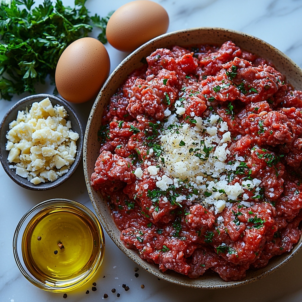 ground beef (raw, deep red, slightly marbled), a small bowl of golden breadcrumbs soaked in creamy milk, a cracked large brown egg with visible yolk, three garlic cloves peeled and minced (white with texture), a small heap of finely grated pale yellow Parmesan cheese, fresh bright green chopped parsley sprigs, coarse salt crystals, whole black peppercorns, dried Italian seasoning herbs (mixed green and brown flakes), a small glass dish of rich golden olive oil, and a bowl of vibrant red marinara sauce with visible tomato chunks, all carefully arranged on a clean white marble surface. Ingredients spaced evenly for visual balance, showcasing contrasting textures and natural colors. Soft natural light from the side highlighting freshness and details, subtle shadows for depth. Minimal props to maintain focus on ingredients. Overhead shot, top down view, flat lay photography, professional food styling --ar 1:1 --q 2 --s 750 --v 6.1