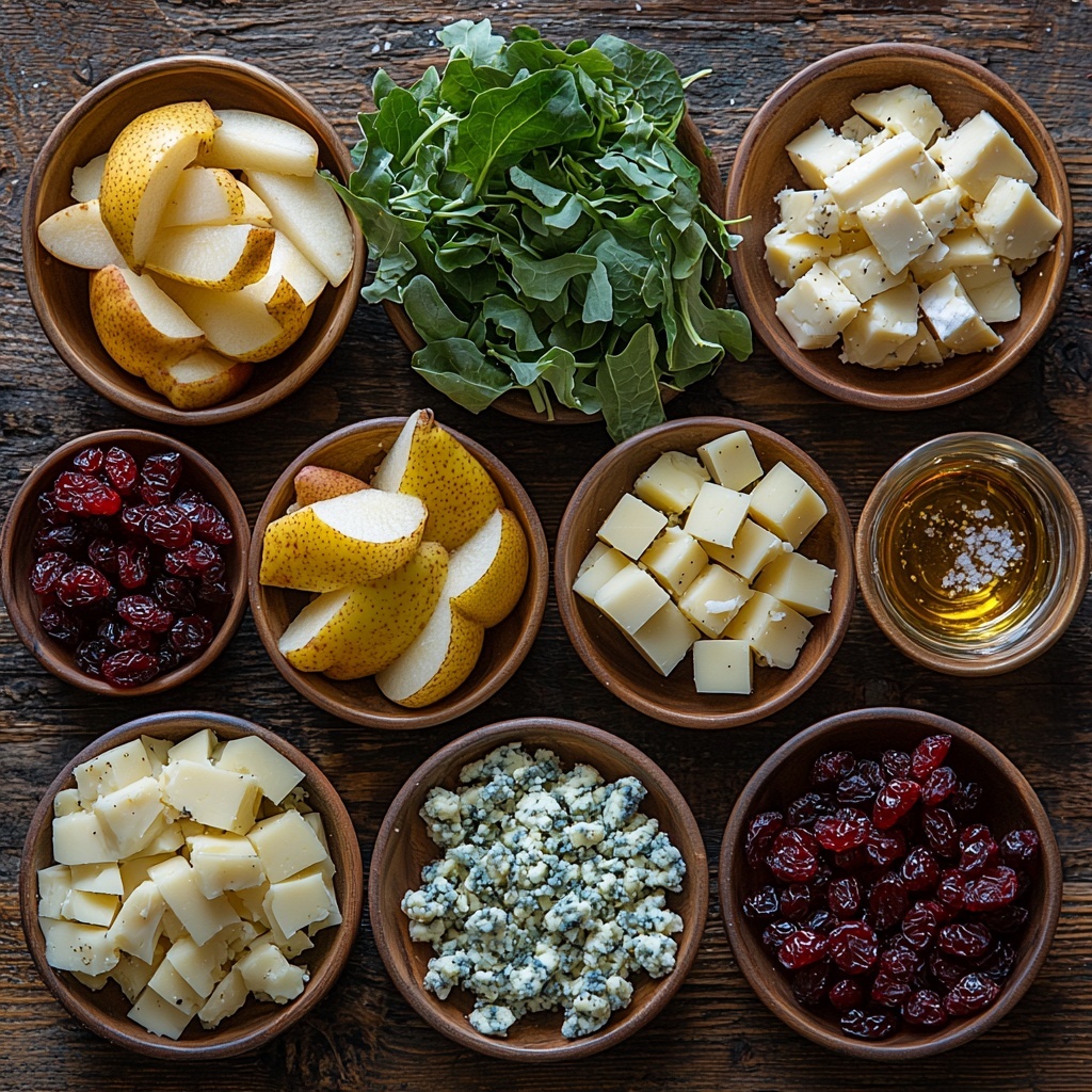 10 ounces mixed greens with deep greens and purple leaves, scattered and slightly overlapping; three ripe pears chopped into irregular chunks showing creamy white flesh and golden skin pieces arranged in a loose pile; two cups of pecan halves with rich brown tones and textured ridges in a small wooden bowl; one cup dried cranberries with glossy deep red hues loosely spread nearby; half cup crumbled blue cheese with creamy white and light blue veins artfully sprinkled; small glass bowls containing white wine vinegar with pale yellow tint, Dijon mustard with smooth vibrant yellow paste, olive oil showing golden reflective surface, salt and sugar in tiny white ceramic spoons; all ingredients arranged on a clean natural wood surface with warm lighting emphasizing rich colors and varied textures; subtle shadows creating depth, minimal props, clean and fresh aesthetic, slight rustic touch, overhead shot, top down view, flat lay photography, professional food styling --ar 1:1 --q 2 --s 750 --v 6.1