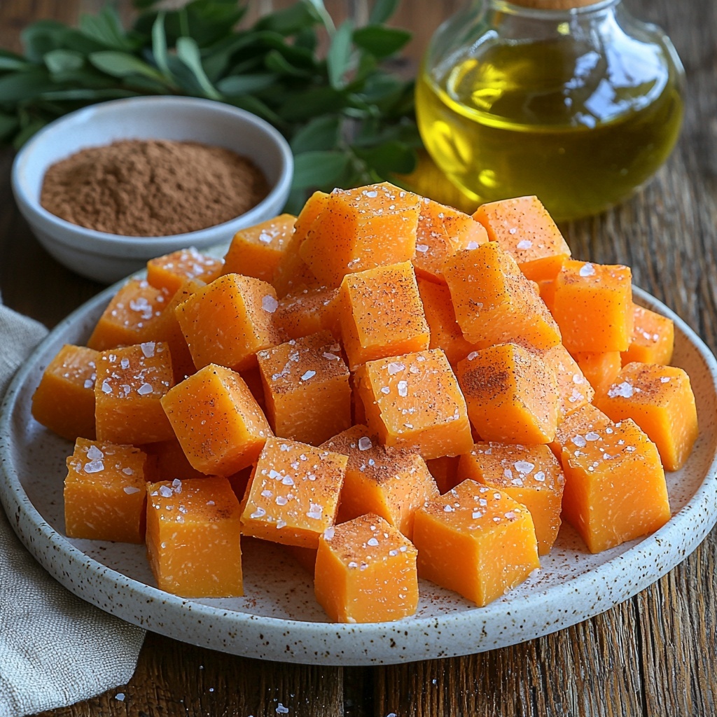 Sweet potatoes peeled and cut into uniform 1-inch cubes, rich orange color with smooth, slightly matte texture; small glass bowl with golden honey shimmering under soft light; small ceramic dish holding fine ground cinnamon with warm brown tone; small bottle of olive oil featuring clear, pale golden liquid; a sprinkle of coarse sea salt crystals glistening on a white ceramic plate; all ingredients carefully arranged on a clean, light wooden surface with subtle wood grain, spaced evenly to showcase each element distinctly; natural soft daylight casting gentle shadows to enhance textures and colors; minimalistic styling with a touch of rustic charm, clean lines and slight asymmetry for visual interest, with a neutral linen napkin folded partially in frame to add warmth and depth; overhead shot, top down view, flat lay photography, professional food styling --ar 1:1 --q 2 --s 750 --v 6.1