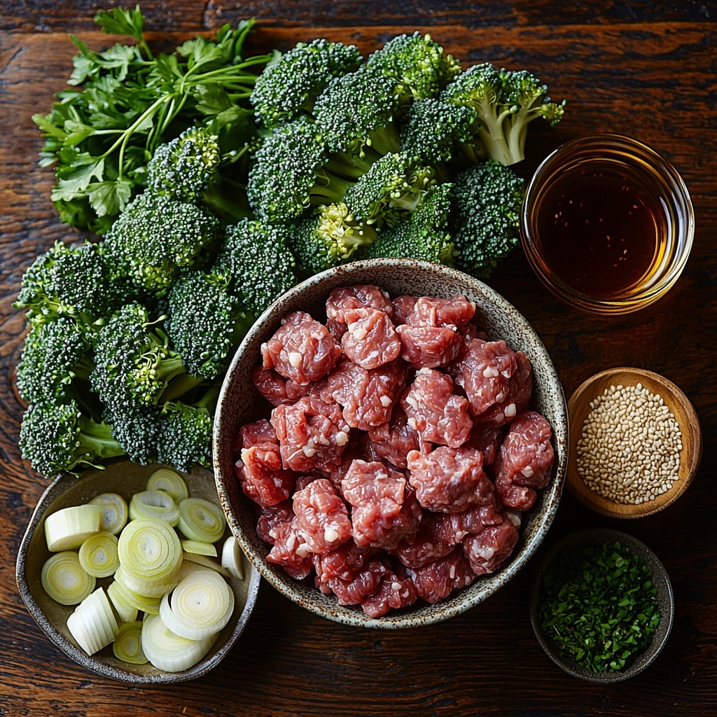 ground beef (raw, rich red with marbled fat) in a rustic ceramic bowl, bright green broccoli florets blanched and vibrant, yellow chopped onion in a small white ramekin, sliced scallions with fresh light and dark green rings neatly fanned out, whole garlic cloves peeled and minced garlic displayed on a wooden spoon, fresh pale beige ginger root with some grated ginger on a small dish, glossy dark brown reduced sodium soy sauce in a small glass bowl, golden honey drizzled artfully on a spoon, fine white cornstarch in a mini bowl, a small dish of toasted sesame seeds with a light tan color and subtle texture, dark amber sesame oil in a petite clear bottle, all ingredients arranged on a clean warm-toned wooden surface with natural soft lighting highlighting textures and contrasting colors, minimal shadows, modern and fresh styling with small natural props like a linen napkin and a fresh green herb sprig for a pop of earthiness, overhead shot, top down view, flat lay photography, professional food styling --ar 1:1 --q 2 --s 750 --v 6.1