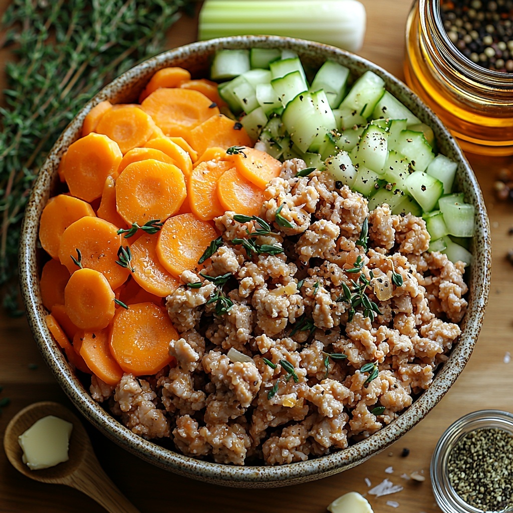 ground turkey raw in a small rustic ceramic bowl, bright orange sliced carrots arranged neatly in a fan shape, pale green sliced celery ribs stacked beside the carrots, a whole yellow onion sliced into thin rings spread out, two garlic cloves minced in a tiny white dish, golden butter pats on a small wooden spoon, dried thyme leaves scattered loosely on the surface showing texture, two dried bay leaves placed artistically nearby, roughly chopped light green cabbage piled loosely, a small glass jar of reddish-brown Better than Bouillon paste with a teaspoon, a clear glass measuring cup filled with rich golden chicken broth reflecting light, a sprinkle of white pepper and coarse black peppercorns scattered gently, warm natural light casting soft shadows on a clean light wood surface, elements spaced with breathing room to highlight individual colors and textures, minimalistic and fresh styling, overhead shot, top down view, flat lay photography, professional food styling --ar 1:1 --q 2 --s 750 --v 6.1
