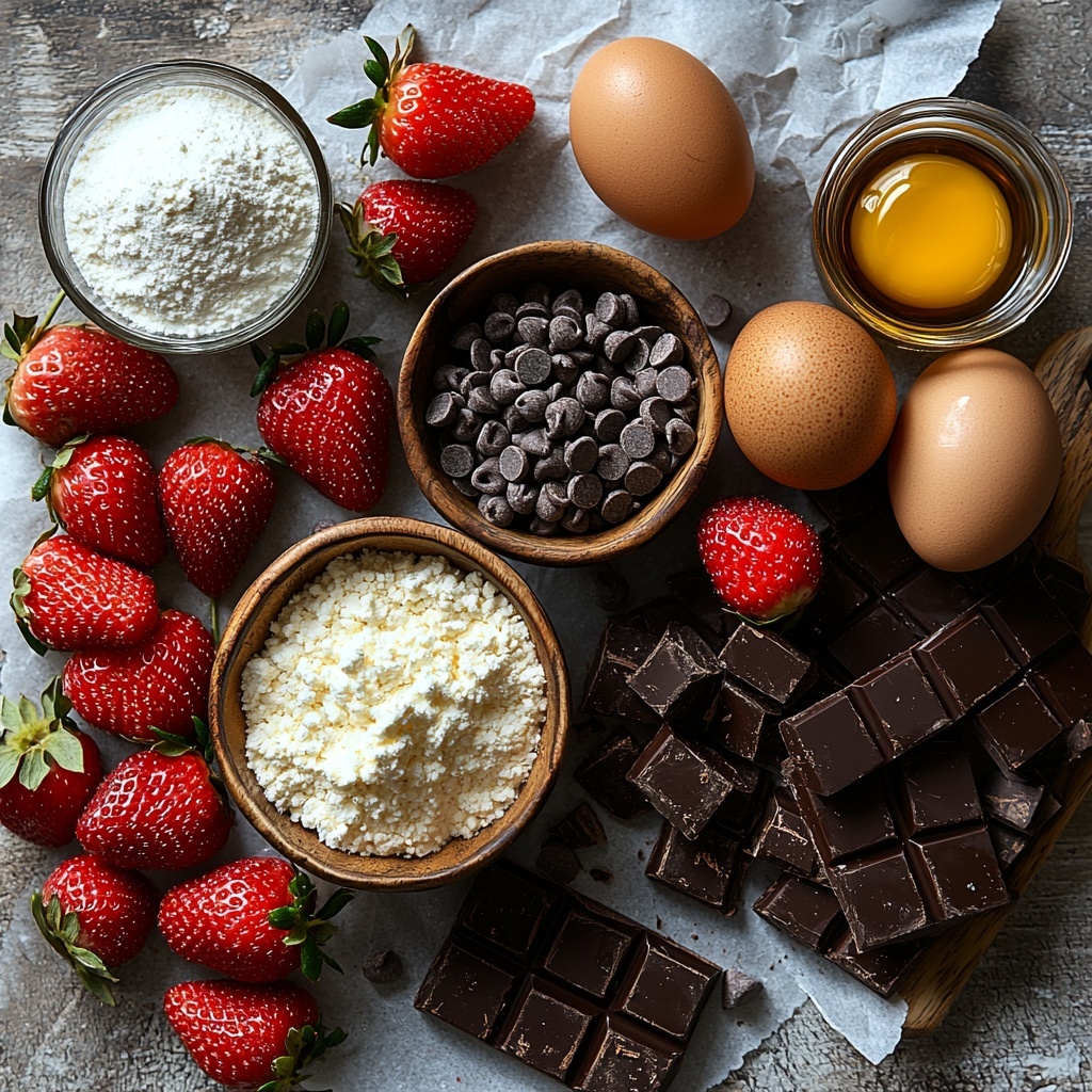 Melted unsalted butter in a small glass bowl with a golden sheen, granulated sugar in a neat pile showcasing fine white crystals, four large fresh brown eggs arranged in a rustic wooden bowl, a small glass jar of rich amber vanilla extract, a mound of all-purpose flour with soft powdery texture on white parchment paper, a heap of unsweetened cocoa powder showing deep matte chocolate brown color, a small wooden spoon holding fine salt crystals, a teaspoon of baking powder in a delicate ceramic dish, semi-sweet chocolate chips scattered casually with glossy dark brown surfaces, a cluster of fresh ripe strawberries—some whole with vibrant red color and green leaves, others sliced neatly revealing juicy interiors, a small saucepan with smooth heavy cream glistening softly, and chopped semi-sweet chocolate pieces with sharp edges and dark brown shine on a rustic cutting board. All ingredients arranged thoughtfully on a clean, neutral light-tone surface with natural soft lighting to highlight textures and colors, styled with minimal kitchen tools and subtle shadows for depth. overhead shot, top down view, flat lay photography, professional food styling --ar 1:1 --q 2 --s 750 --v 6.1