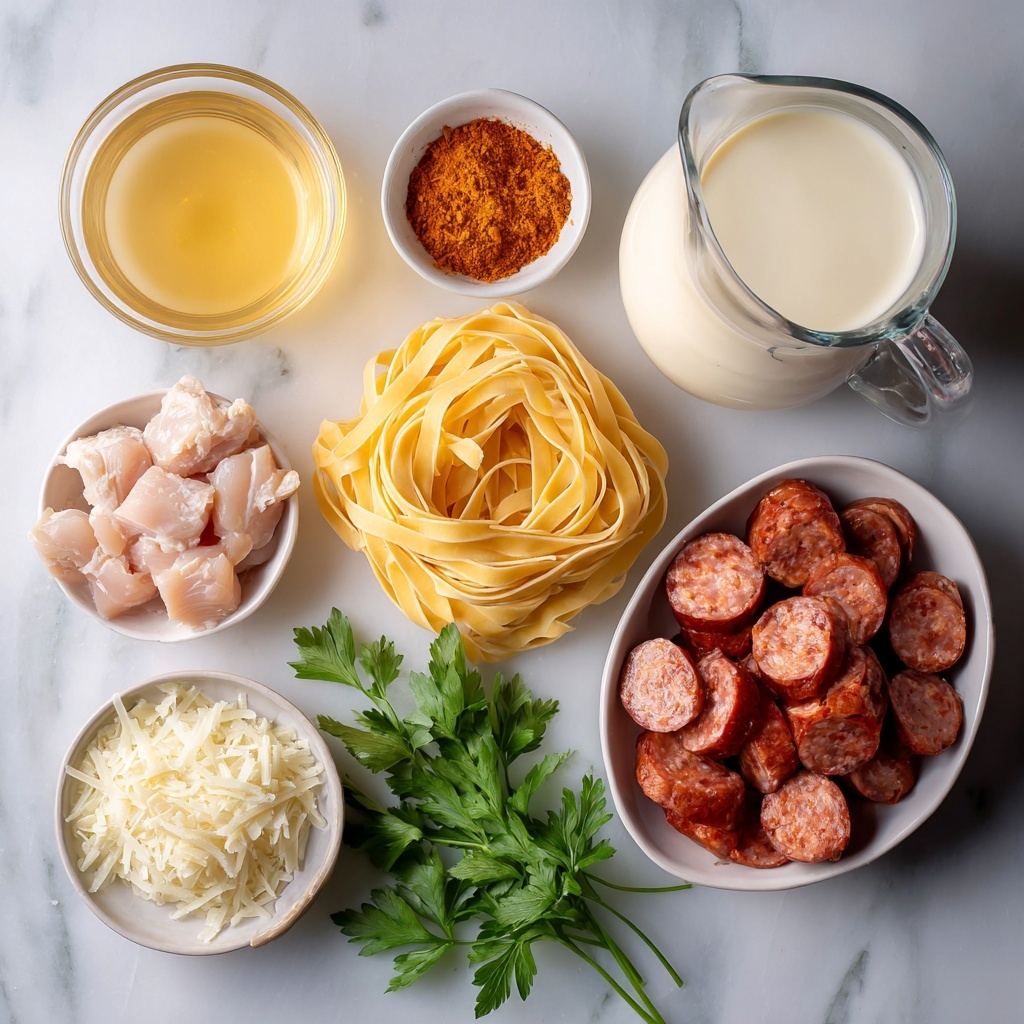 3 boneless, skinless chicken breasts diced, raw pink and fresh; 8 oz Andouille sausage sliced into rustic rounds with deep reddish-brown color and textured surface; uncooked fettuccine pasta neatly coiled in a small pile, pale yellow and smooth; small bowls with 2 tsp Cajun seasoning showing a vibrant rusty orange-red powder, 1 cup heavy cream in a clear glass jug showcasing creamy white liquid, ½ cup freshly grated Parmesan cheese with fluffy, off-white shreds; 1 cup low-sodium chicken broth in a transparent bowl with golden-yellow hues; 3 cloves fresh garlic minced finely on a crisp white porcelain dish; all ingredients arranged symmetrically on a clean, light marble surface with natural diffuse lighting highlighting the textures and colors, subtle shadows for depth, garnished with a sprig of fresh green parsley for a pop of color, minimalistic and elegant styling, overhead shot, top down view, flat lay photography, professional food styling --ar 1:1 --q 2 --s 750 --v 6.1