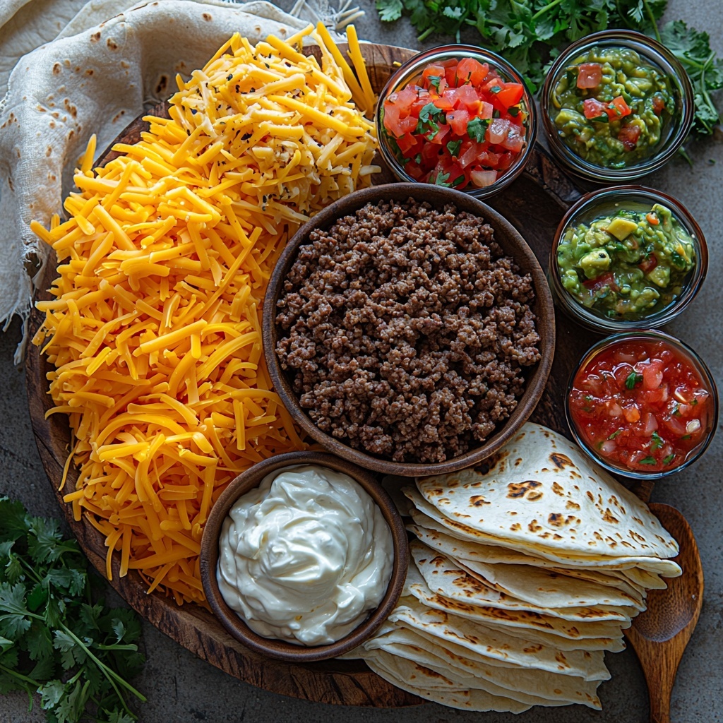 ground beef in a small rustic bowl with rich reddish-brown color and coarse texture, a heap of bright orange shredded cheddar cheese and yellow-orange Mexican blend cheese scattered softly nearby, stack of 10-12 small soft flour tortillas with a warm off-white tone, small bowls of vibrant garlic powder, onion powder, chili powder, and cumin arranged neatly in a row with fine powdery textures in pale beige, warm brown, deep red, and earthy brown shades, pinch bowls of salt and black peppercorns adding contrast, a small glass bowl filled with golden vegetable oil reflecting light, small ramekins containing creamy white sour cream, smooth green guacamole with chunky texture, and bright red salsa with visible tomato pieces, all items arranged artfully on a clean white matte surface, natural soft daylight illuminating ingredients enhancing their vivid colors and textures, minimal shadows, subtle rustic props such as a wooden spoon and linen napkin placed casually to add warmth, overhead shot, top down view, flat lay photography, professional food styling --ar 1:1 --q 2 --s 750 --v 6.1