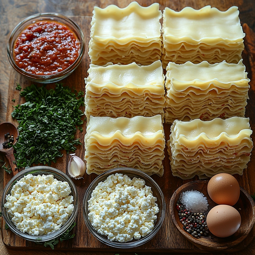 Twelve pre-cooked San Giorgio lasagna noodles neatly stacked with their smooth, pale golden texture visible; one pound of raw ground beef in a small rustic bowl showing its rich, deep red color and coarse texture; a medium onion peeled and finely chopped with translucent white and purple hues scattered nearby; two garlic cloves minced, small white pieces with subtle shine placed beside the onion; a large bowl of creamy, fluffy 32 oz ricotta cheese in bright white; two raw eggs cracked in a glass bowl with glossy golden yolks; a small white dish with finely chopped fresh parsley showing vibrant green flecks; tiny bowls with coarse salt crystals and freshly ground black peppercorns; a clear glass bowl filled with 26 oz bright red marinara sauce, showing its thick, slightly chunky texture with hints of herbs; a generous heap of 3 cups shredded mozzarella cheese with delicate, stringy pale yellow strands; and a small pile of finely grated Parmesan cheese with a slightly crumbly texture in off-white tones. All ingredients arranged with balanced spacing on a smooth, light wooden surface with soft natural lighting casting gentle shadows to emphasize textures and colors, styled with minimalist rustic props like a wooden spoon and linen napkin nearby for a warm, inviting atmosphere — overhead shot, top down view, flat lay photography, professional food styling --ar 1:1 --q 2 --s 750 --v 6.1