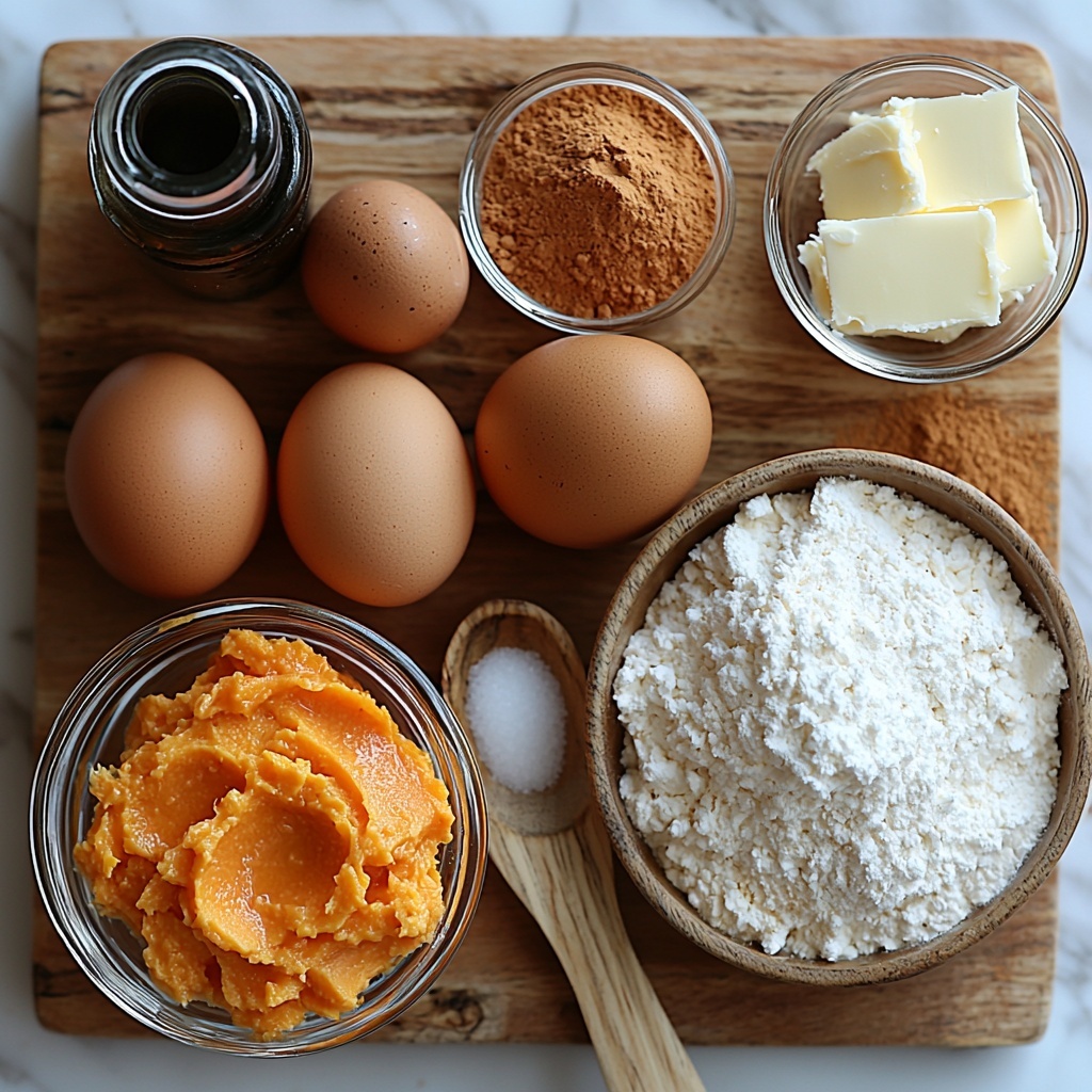 3 large brown eggs in an open carton, white granulated sugar in a small clear glass bowl, smooth orange pumpkin puree in a rustic ceramic bowl, a glass bottle of vanilla extract with wooden cork, soft light beige all-purpose flour gently mounded on a white porcelain plate, off-white baking powder and baking soda in small spoon scoops, warm brown pumpkin pie spice powder lightly sprinkled near a small wooden scoop, fine white salt crystals in a tiny dish, creamy 8-ounce block of pale yellow cream cheese on a wooden board, fluffy white powdered sugar lightly heaped in a measuring cup and scattered delicately around, six tablespoons of soft golden butter on parchment paper, a small dish of vanilla extract next to the butter, all ingredients thoughtfully spaced on a bright clean white surface with soft natural daylight highlighting their textures and colors, light shadows adding depth, minimal props to keep focus on ingredients, subtle rustic and cozy vibe, perfect for a fall baking scene, overhead shot, top down view, flat lay photography, professional food styling --ar 1:1 --q 2 --s 750 --v 6.1