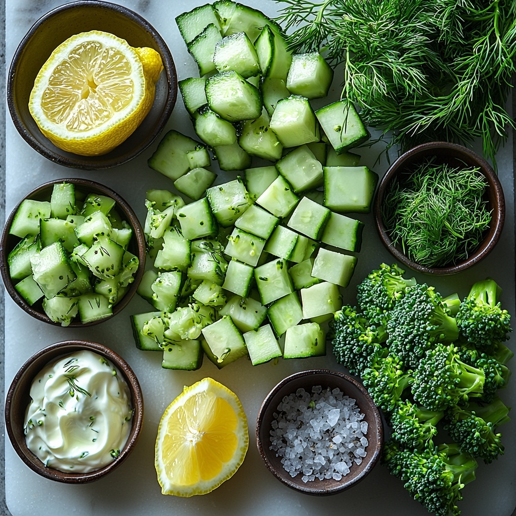 fresh cucumbers chopped into vibrant green cubes, ripe avocados mashed into creamy light green swirls in a small bowl, bright green broccoli florets neatly chopped, a small bowl of smooth, thick full-fat sour cream, a lemon wedge or small dish showing freshly squeezed lemon juice with a bright yellow hue, fresh dill and parsley sprigs scattered for a pop of deep green herb texture, small bowls of coarse salt and cracked black pepper sprinkled subtly nearby; all ingredients carefully arranged on a clean white marble surface with soft natural lighting highlighting the fresh colors and varied textures; minimal shadows, crisp focus, balanced composition emphasizing freshness and simplicity, overhead shot, top down view, flat lay photography, professional food styling --ar 1:1 --q 2 --s 750 --v 6.1