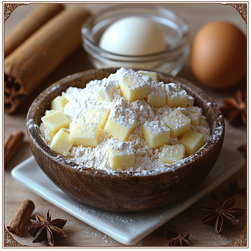 2 cups all-purpose flour in a small rustic bowl dusted slightly outside the rim, 1 cup finely ground almonds in a natural wooden scoop showing coarse texture, 1 cup powdered sugar in a delicate porcelain cup with soft powder spilling onto the clean white surface, 1/2 cup unsalted butter cut into neat cubes on a vintage square white plate, 1/2 cup non-alcoholic punch or juice in a crystal clear glass showing deep red and golden hues of apple and cranberry juice with visible cinnamon stick and star anise beside it, 1 egg white in a small transparent glass bowl with glossy, slightly frothy texture, 1 teaspoon cinnamon and 1/2 teaspoon nutmeg and 1/2 teaspoon cloves arranged in three elegant tiny ceramic spoons exhibiting warm brown tones and fine powder texture; all ingredients meticulously spread out on a smooth, bright white backdrop with soft natural light casting gentle shadows to highlight textures and colors, styled minimally yet invitingly with a few scattered whole spices and a wooden rolling pin partially visible on one side for context, clean and crisp composition emphasizing freshness and warmth, overhead shot, top down view, flat lay photography, professional food styling --ar 1:1 --q 2 --s 750 --v 6.1