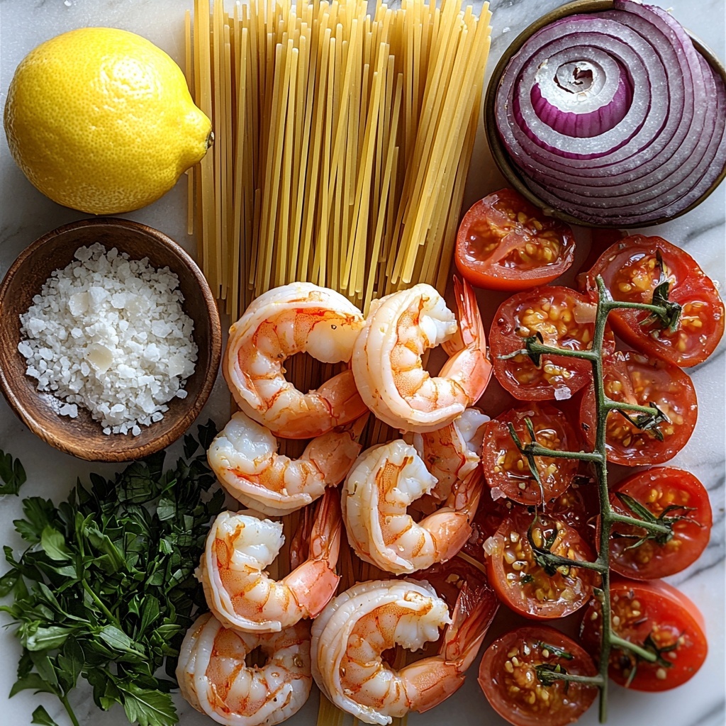 3/4 pound uncooked spaghetti neatly coiled, raw large shrimp peeled and deveined with a light pink hue, halved red onion showing vibrant purple layers, scattered minced garlic cloves, small bowl of dried oregano, teaspoon of red pepper flakes with deep red tones, glass of dry white wine with pale golden color, lemon halves with bright yellow zest and juice droplets, a generous handful of fresh chopped parsley in rich green, two to three chopped vine-ripe tomatoes displaying bright red and juicy texture, small piles of coarse kosher salt and freshly ground black peppercorns, a drizzle of extra virgin olive oil glistening on the surface, freshly grated parmesan cheese flakes with creamy white color subtly arranged nearby, all ingredients artfully spaced on a clean white marble surface highlighting natural colors and textures, soft natural daylight casting gentle shadows to enhance freshness and detail, minimalistic rustic kitchen props subtly in background but out of focus for contrast, emphasis on vibrant colors and diverse textures for an inviting Mediterranean feel, overhead shot, top down view, flat lay photography, professional food styling --ar 1:1 --q 2 --s 750 --v 6.1