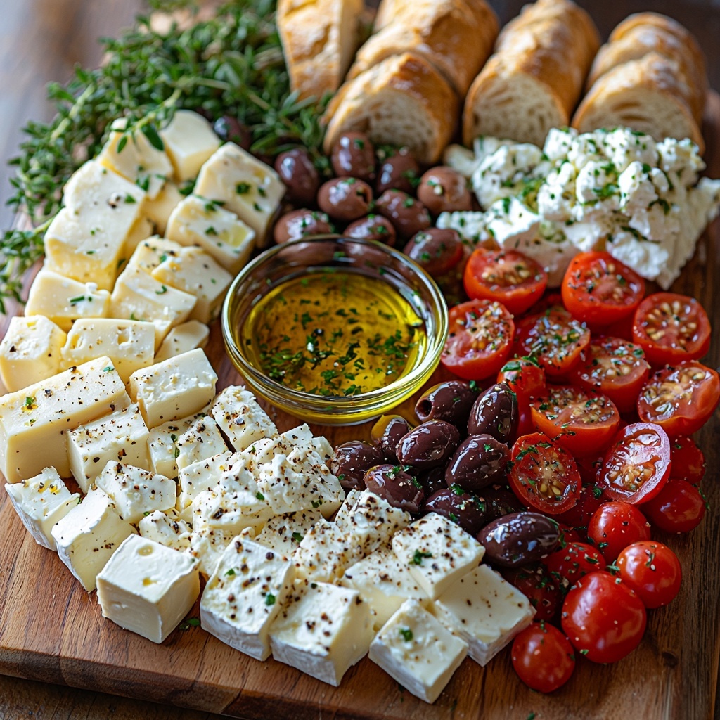 rustic sourdough and ciabatta loaf slices, baguette slices, cubed feta cheese, sliced fresh mozzarella, soft goat cheese, mixed green and black olives, bright red cherry tomatoes, small glass bowl of golden extra virgin olive oil, sprinkled dried oregano and thyme, coarse salt and cracked black pepper, fresh rosemary and thyme sprigs for garnish, all carefully arranged on a clean, light wooden surface, breads fanned out on one side, cheeses placed in separate neat piles with visible textures – crumbly feta, smooth mozzarella, creamy goat cheese, olives and tomatoes scattered artistically around cheeses, olive oil drizzled lightly glistening, herbs adding vibrant green pops, natural daylight enhancing the fresh Mediterranean colors and rustic textures, subtle shadows for depth, clean and airy styling, minimalistic rustic vibe with natural elements, overhead shot, top down view, flat lay photography, professional food styling --ar 1:1 --q 2 --s 750 --v 6.1