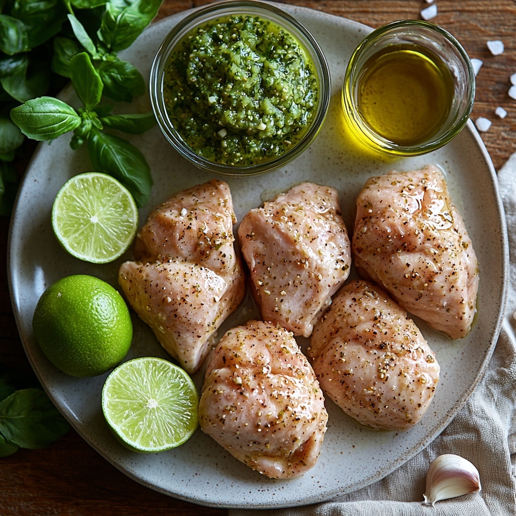 4 boneless skinless chicken breasts, plump and pale pink, arranged neatly on a clean white ceramic plate; three peeled garlic cloves, slightly crushed, placed beside the chicken; a small glass bowl filled with vibrant green salsa verde, chunky texture with visible herbs and tomatillos; a halved fresh lime showing bright green juicy flesh; a small clear dish of golden olive oil reflecting light softly; salt and pepper scattered artfully in small white ramekins; all items laid out on a smooth light wooden surface with natural soft daylight highlighting the fresh colors and textures, minimal shadows, subtle rustic props like a linen napkin and a wooden spoon for warmth, overhead shot, top down view, flat lay photography, professional food styling --ar 1:1 --q 2 --s 750 --v 6.1