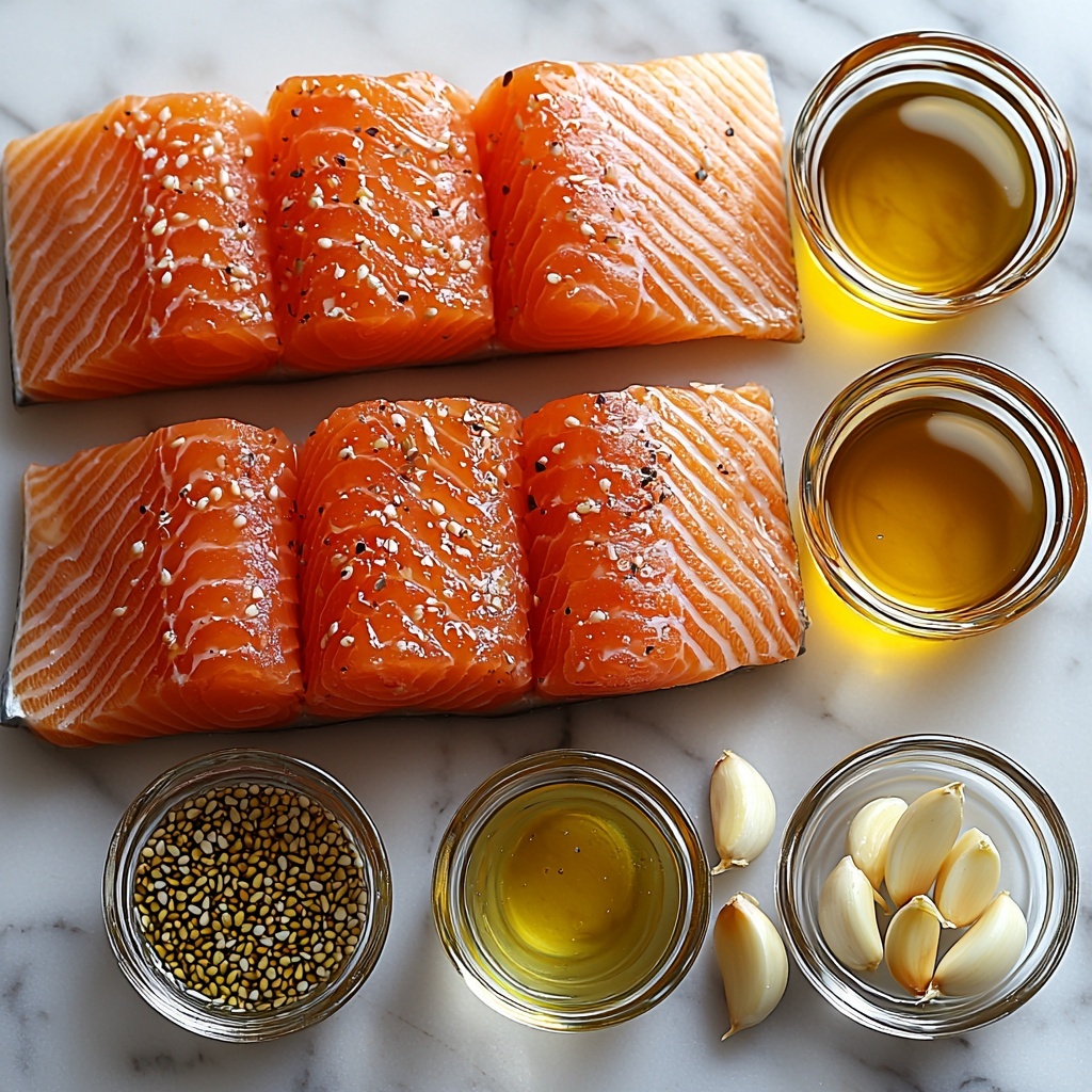 4 fresh raw salmon fillets with vibrant orange-pink flesh and silvery skin arranged neatly on a clean white marble surface; small glass bowls containing golden honey with glossy texture, dark amber low sodium soy sauce with reflective sheen, smooth pale yellow Dijon mustard, and light greenish-golden olive oil placed symmetrically around the salmon; two peeled garlic cloves and a small pile of finely minced garlic scattered artfully nearby; natural, soft diffused daylight highlighting the fresh colors and moist textures; minimalistic styling with subtle shadows for depth, emphasizing freshness and simplicity; overhead shot, top down view, flat lay photography, professional food styling --ar 1:1 --q 2 --s 750 --v 6.1