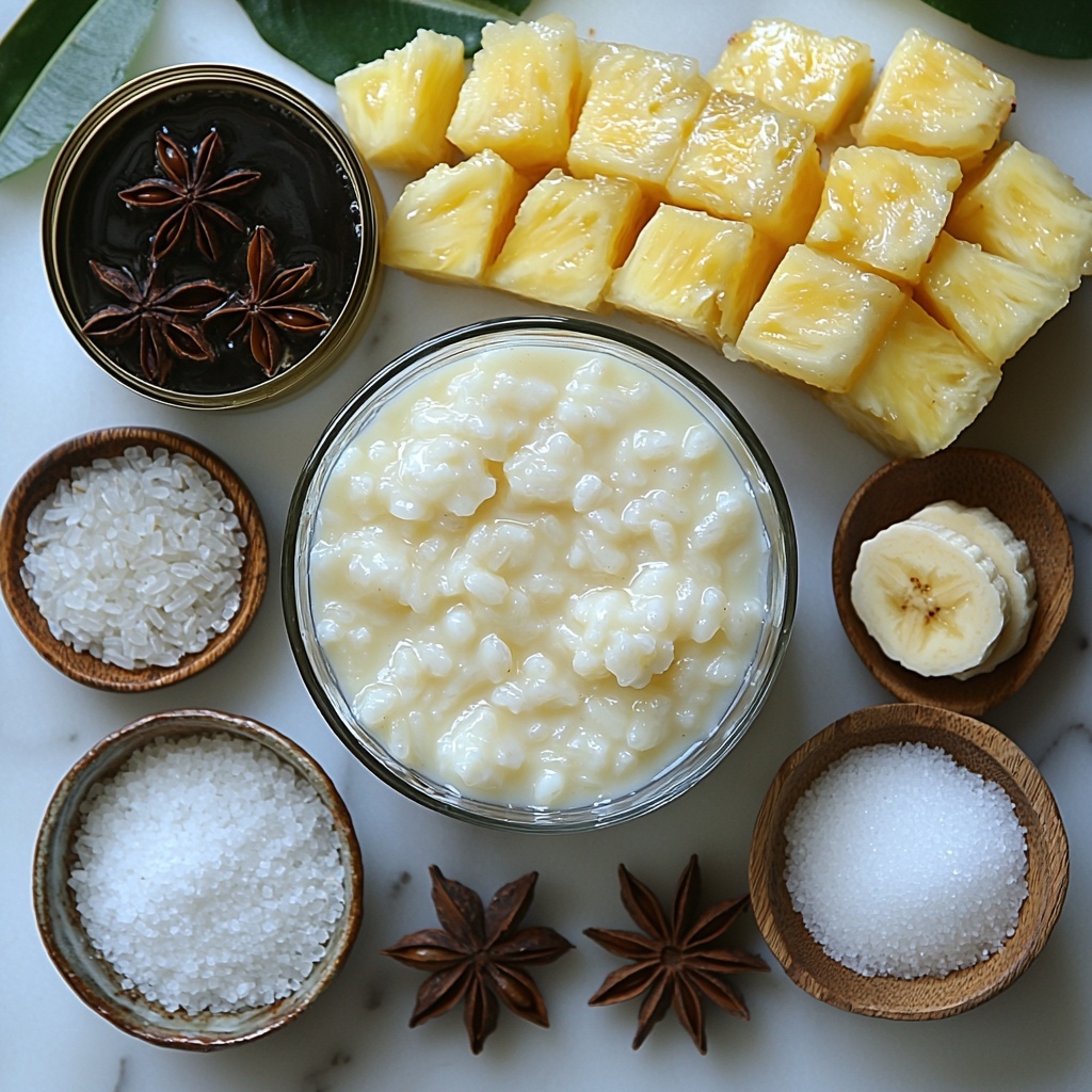 A clean white marble surface with a neat arrangement of ingredients for creamy coconut rice pudding: an opened can of creamy white coconut milk with gentle ripples, a small glass bowl of short grain white rice showing its glossy texture, a small clear glass container with golden vanilla extract, a wooden spoon filled with fine white sugar, a small pinch of salt represented by coarse grains on a ceramic dish, a whole dark brown star anise with its star-shaped design, a small bowl of vibrant yellow pineapple chunks with juicy, translucent facets, and a ripe banana partially peeled to reveal its soft, creamy flesh. Soft natural light highlights the fresh colors and diverse textures—the smoothness of the coconut milk, the grainy rice, the glossy pineapple, contrasted by the matte banana peel and the intricate star anise. Minimalist styling with some delicate shadows, all elements spaced evenly in a balanced composition to draw the eye across the ingredients. Overhead shot, top down view, flat lay photography, professional food styling --ar 1:1 --q 2 --s 750 --v 6.1